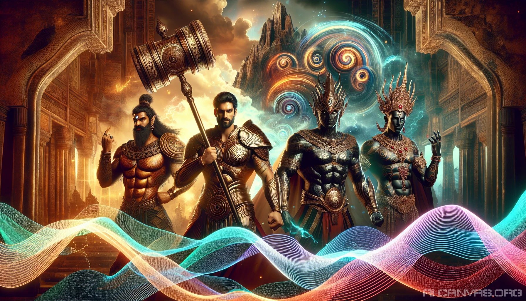 Imagine a powerful scene where legendary heroes from various mythologies stand together, their unique traits radiating strength and wisdom. Picture a Greek warrior in a gleaming bronze armor, a Norse god wielding a mighty hammer, and an Egyptian deity adorned with ornate jewelry, all in a grand ancient landscape. Ethereal energies swirl around them, signifying the intersection of their mythic tales, as they prepare for an epic clash against darkness.