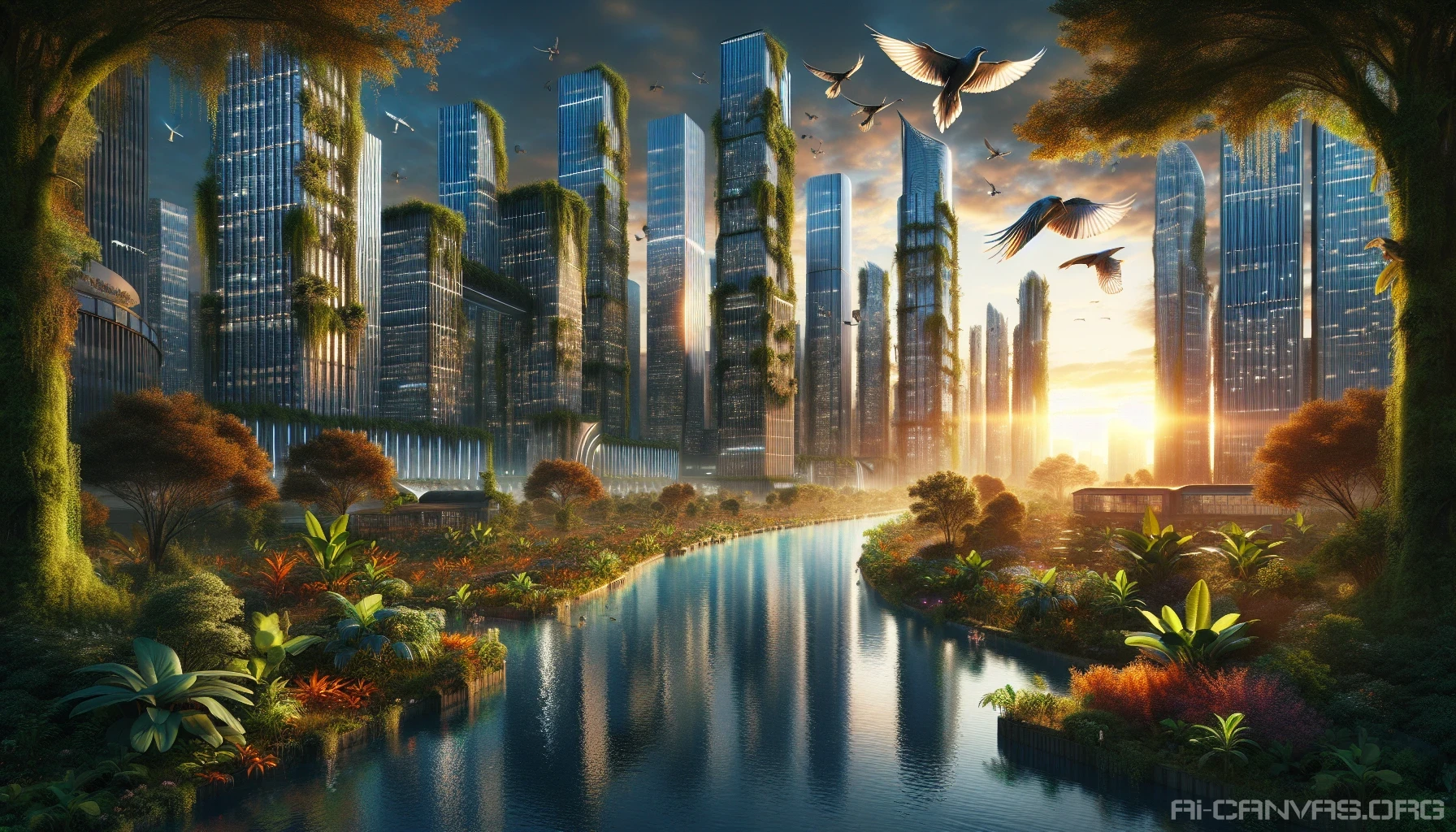 Imagine a breathtaking scene where towering, futuristic skyscrapers entwine with lush greenery, their glass facades reflecting the vibrant colors of a sunset. In the foreground, a crystal-clear river flows, flanked by bioluminescent plants that light up the night. Birds with metallic feathers glide gracefully above, creating a captivating contrast between technology and the natural world, showcasing how innovation coexists seamlessly with the environment.