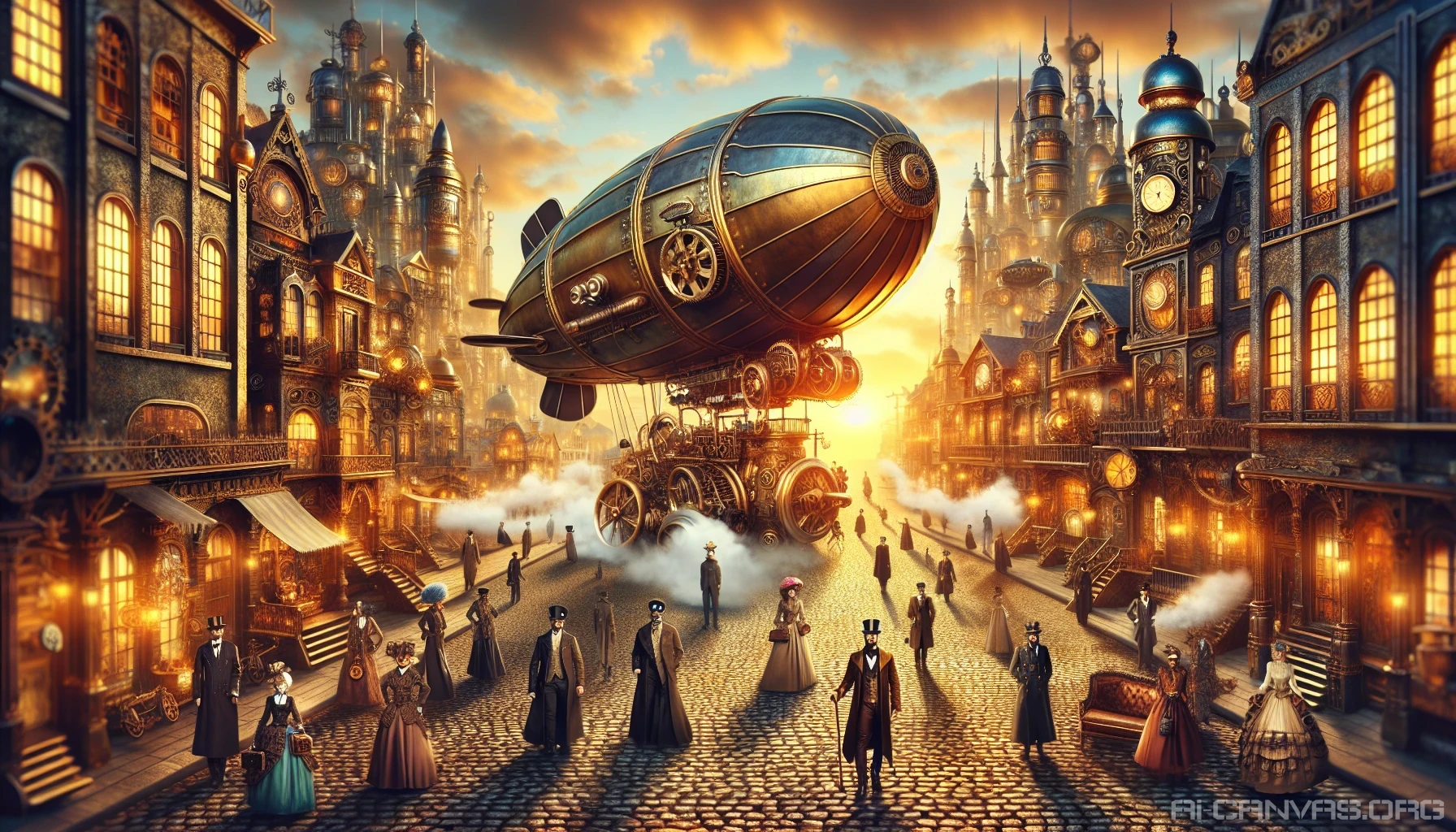 Imagine a bustling steampunk city where intricate gears and cogs mesh seamlessly with ornate architecture. In the foreground, a massive brass airship hovers, its propellers spinning gracefully against a sunset sky. Cobblestone streets below are filled with elegantly dressed figures, their outfits adorned with goggles and clockwork accessories. Steam rises from vents, enveloping the scene in a whimsical haze, inviting you to explore a world of creativity and invention.
