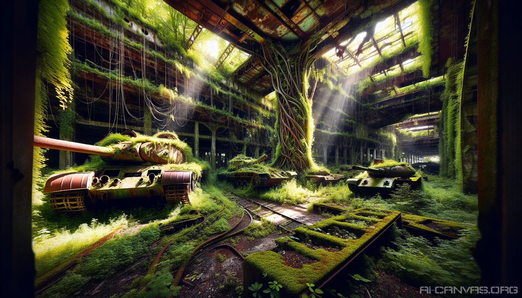 In a once-thriving military base, rusted machinery and crumbling concrete structures now lie beneath a vibrant tapestry of lush, overgrown vegetation. Sunlight filters through the dense canopy, casting dappled shadows on the remnants of a forgotten era. Vines twist and curl around barracks, while wildflowers bloom defiantly in craters of forgotten tanks, creating a stunning contrast between human-made decay and nature's relentless beauty reclaiming its territory.
