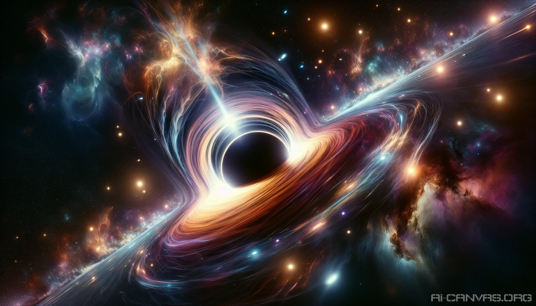A mesmerizing scene unfolds as a massive black hole warps the fabric of space-time, creating a swirling vortex of vibrant colors and ethereal lights. Stars and celestial bodies are pulled into its depths, their luminous trails bending and twisting in a breathtaking display. Surrounding this cosmic giant, a kaleidoscope of nebulae and distant galaxies adds depth, illustrating the powerful beauty of the universe's most enigmatic phenomenon.