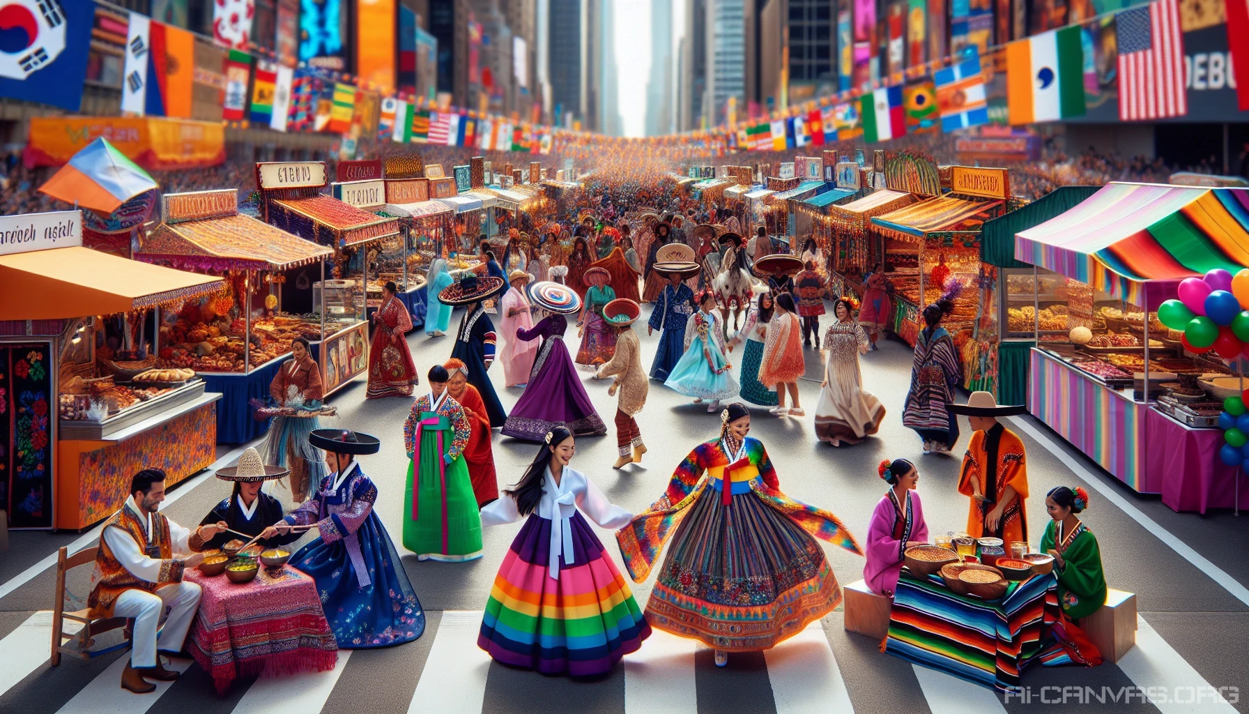 Imagine a vibrant carnival scene bursting with life, where traditional costumes from diverse cultures intermingle in a dazzling display of color. Each figure is adorned in intricate patterns and textures, reflecting their heritage. The air is thick with festive energy, characterized by the sounds of laughter and music. Stalls offer an array of cultural delicacies, while dancers twirl gracefully, embodying the spirit of unity in diversity.