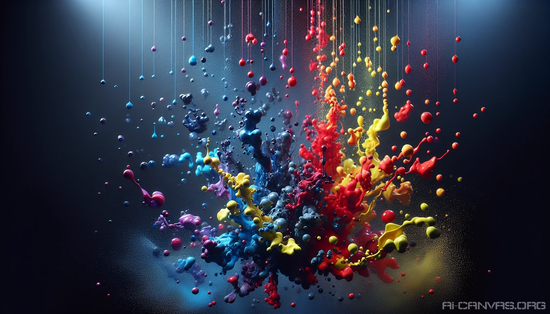 Capture a mesmerizing scene filled with vibrant splashes of paint, suspended mid-air in a kaleidoscope of colors. Each droplet glimmers as if caught in a moment of infinite creativity, blending hues of crimson, cobalt, and sunshine yellow. The dynamic energy of the paint seems to dance in the light, creating a whimsical, dreamlike ambiance that invites viewers to dive into a world of artistic expression and imagination.