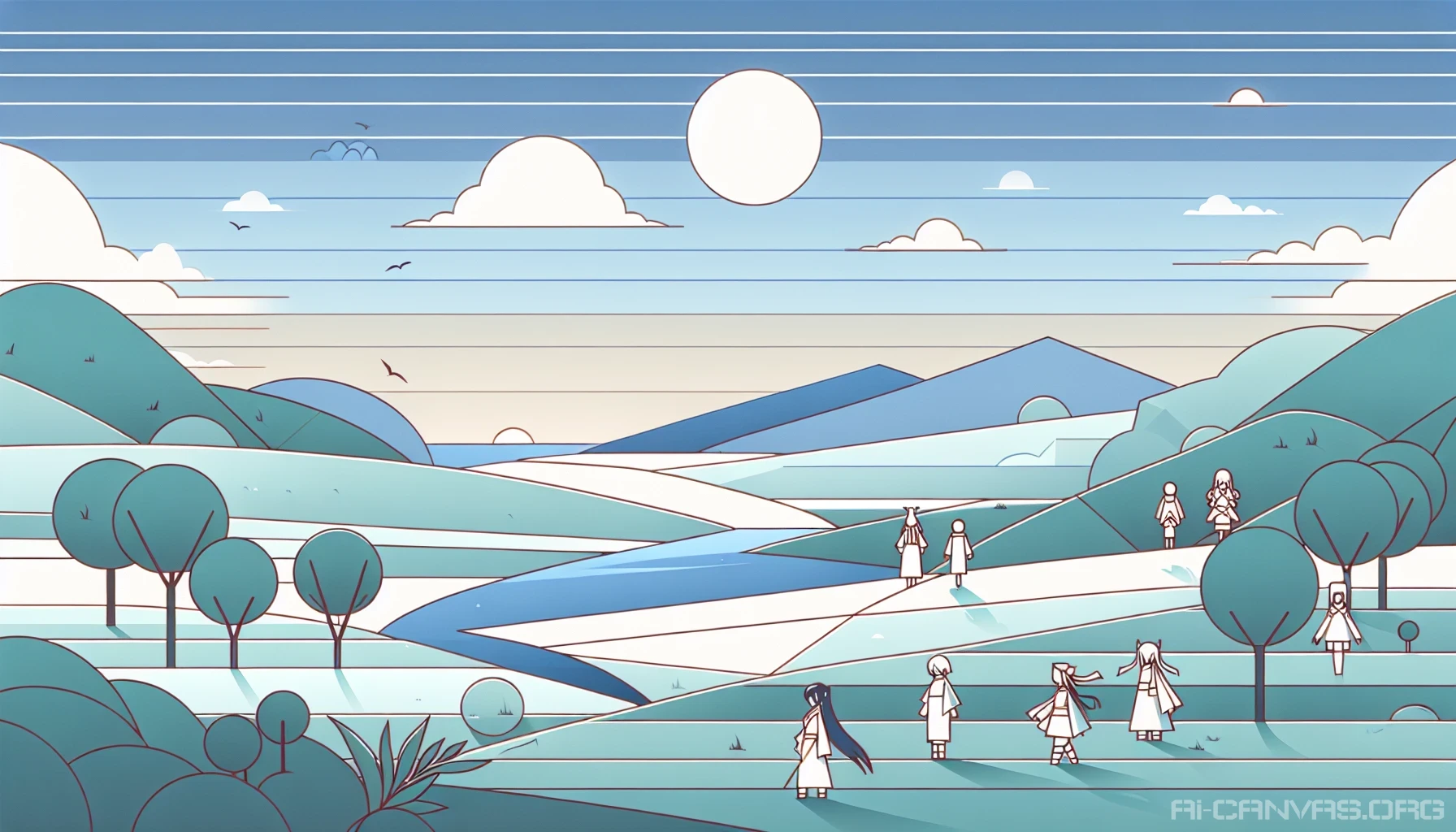 Picture a serene landscape where minimalist anime characters come to life, surrounded by gentle rolling hills and a clear sky. The artwork features flat colors and clean lines, emphasizing simplicity and elegance. Each character embodies a unique emotion, elegantly designed with geometric shapes, radiating a calm energy. The overall composition invites viewers into a tranquil world, highlighting the beauty of minimalism intertwined with the charm of anime aesthetics.