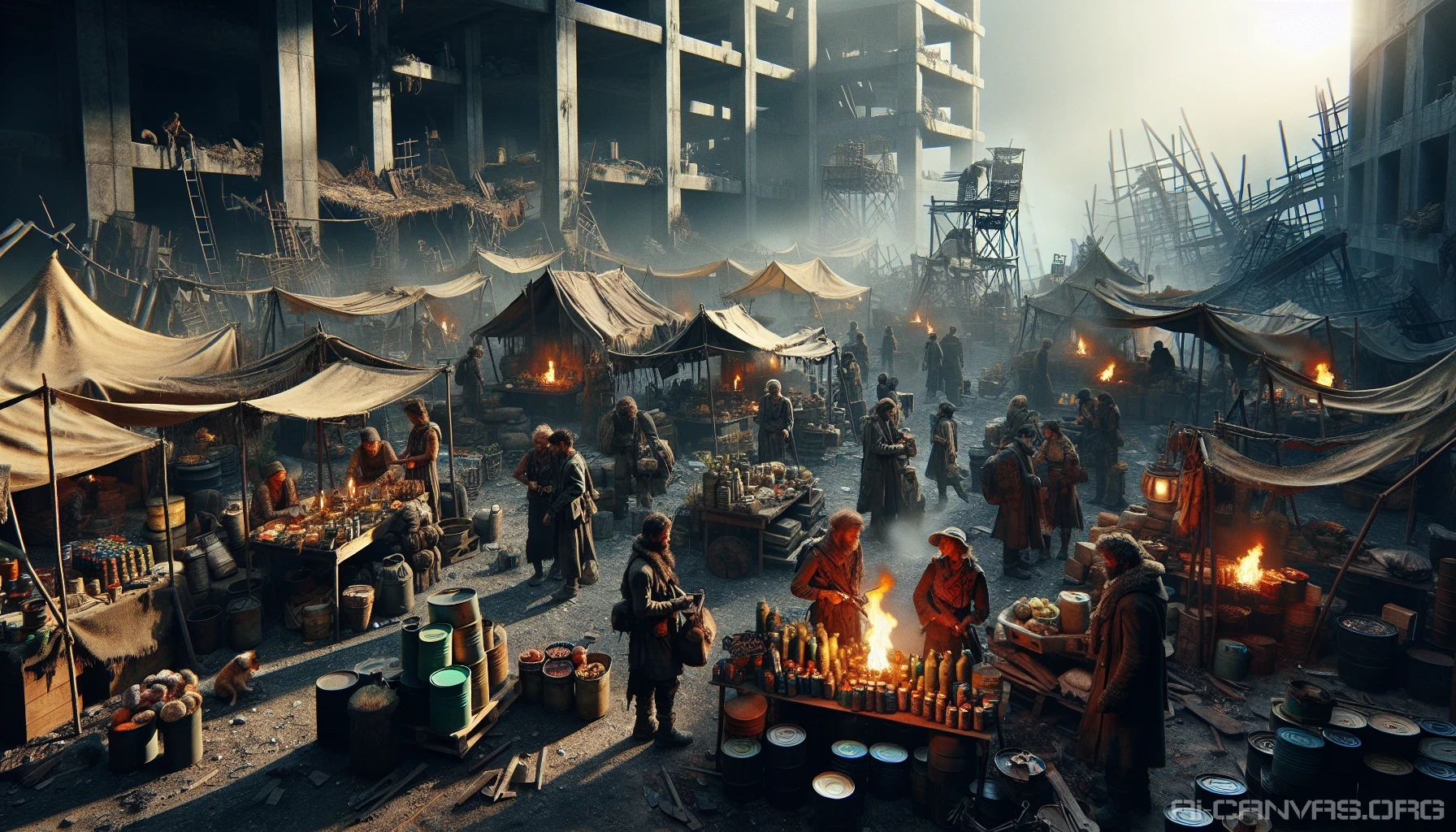 Amidst crumbling concrete and rusted metal, a bustling marketplace emerges in a post-apocalyptic world. Stalls made from scavenged materials display an array of makeshift goods, from canned food to handmade tools. People in tattered clothing barter with each other, their faces weathered yet determined. Flickering fires cast eerie shadows, while improvised shelters stand as a testament to human resilience, creating a vibrant, chaotic atmosphere of survival and community.