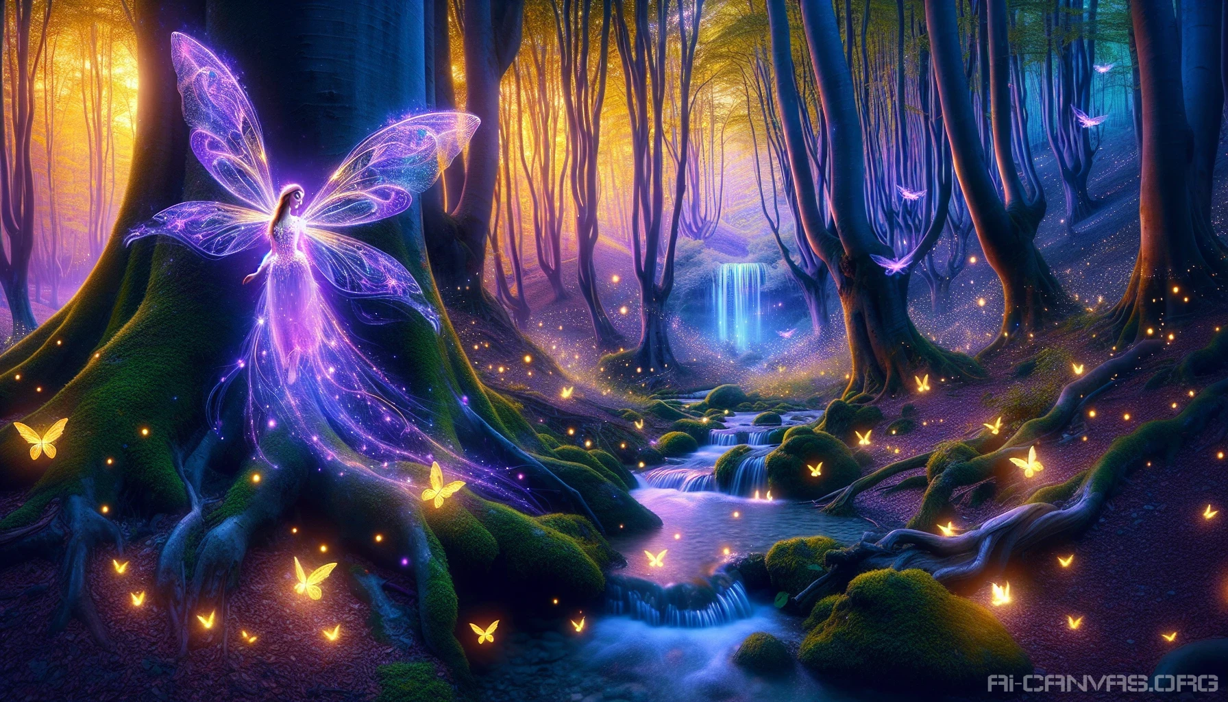 In a mystical forest bathed in twilight, vibrant hues of purple and gold envelop ancient trees. A delicate fairy, luminescent and ethereal, hovers above a crystal-clear stream, surrounded by fluttering fireflies. The soft rustling of leaves whispers secrets of the woodland, while a distant, shimmering waterfall cascades, creating a symphony of nature. This enchanted scene invites viewers to lose themselves in a world where magic truly exists.