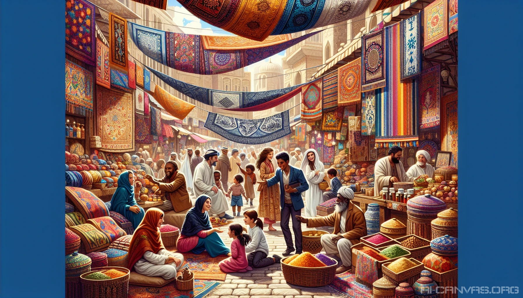 Capture the vibrant essence of diverse cultures interwoven in a bustling market scene. Imagine colorful stalls adorned with traditional textiles, aromatic spices, and handcrafted artifacts. People from various backgrounds engage joyfully, sharing stories and laughter. A street musician plays a soulful tune, while children chase each other amidst the rich tapestry of sights and sounds, showcasing a harmonious blend of traditions and modernity.