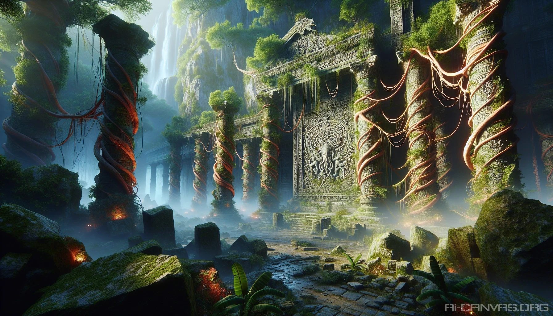 Imagine a breathtaking scene where crumbling ancient ruins emerge from a vibrant, misty forest. Twisted vines and luminous flowers entwine the stone structures, casting an ethereal glow that reveals intricate carvings depicting forgotten gods. Wisps of energy dance around the pillars, illuminating the surroundings with a mystical light, creating an enchanting atmosphere filled with secrets waiting to be uncovered in this timeless sanctuary.