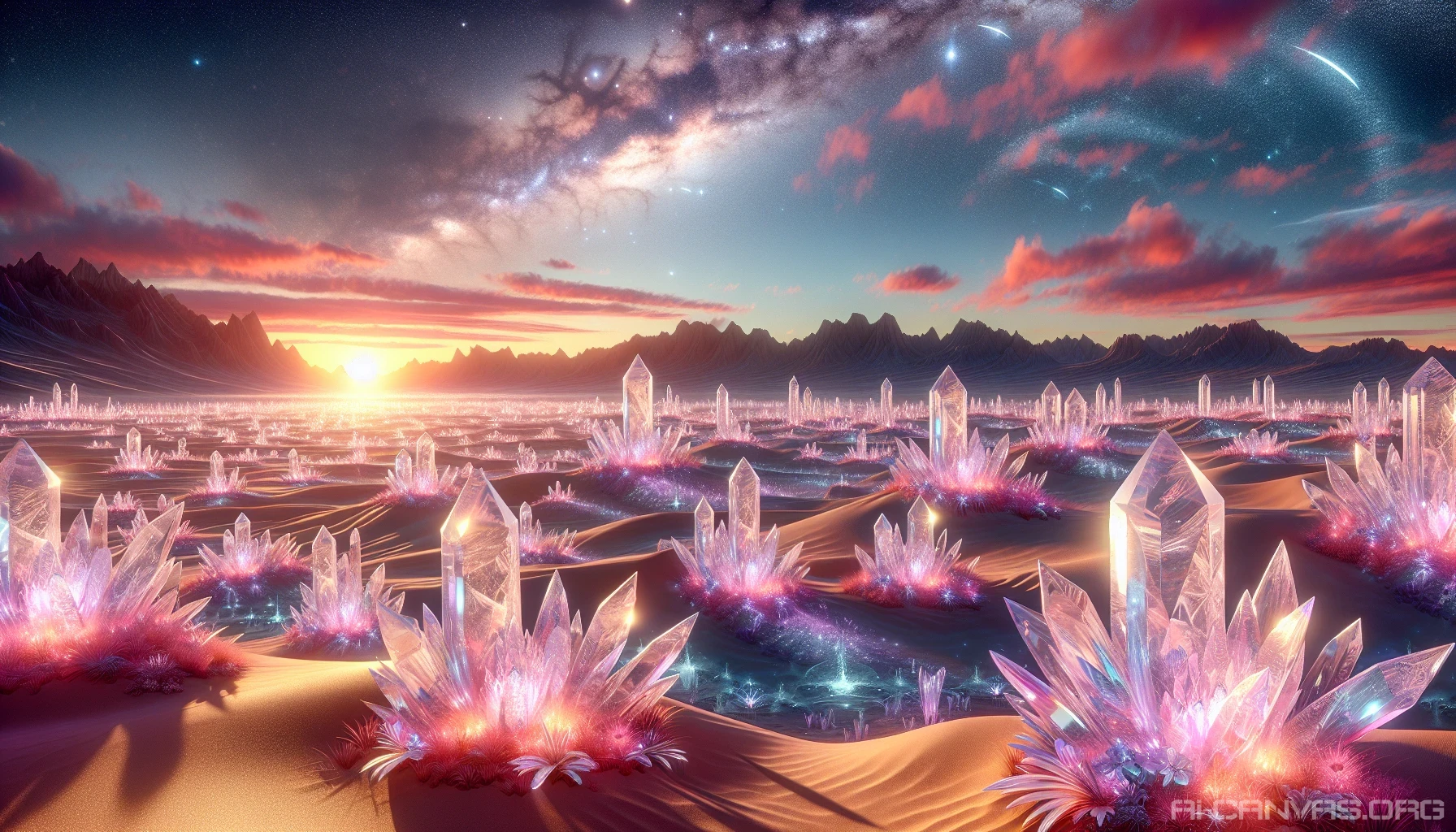Visualize an otherworldly desert landscape, where crystalline formations stretch across the horizon, glistening under a radiant sunset. Vivid hues of pink and gold dance across the sky, casting enchanting reflections onto the shimmering sands below. Ethereal plants with translucent leaves dot the scene, their iridescent colors blending harmoniously with the jagged, sparkling crystals that rise majestically from the ground, creating a surreal blend of beauty and wonder.