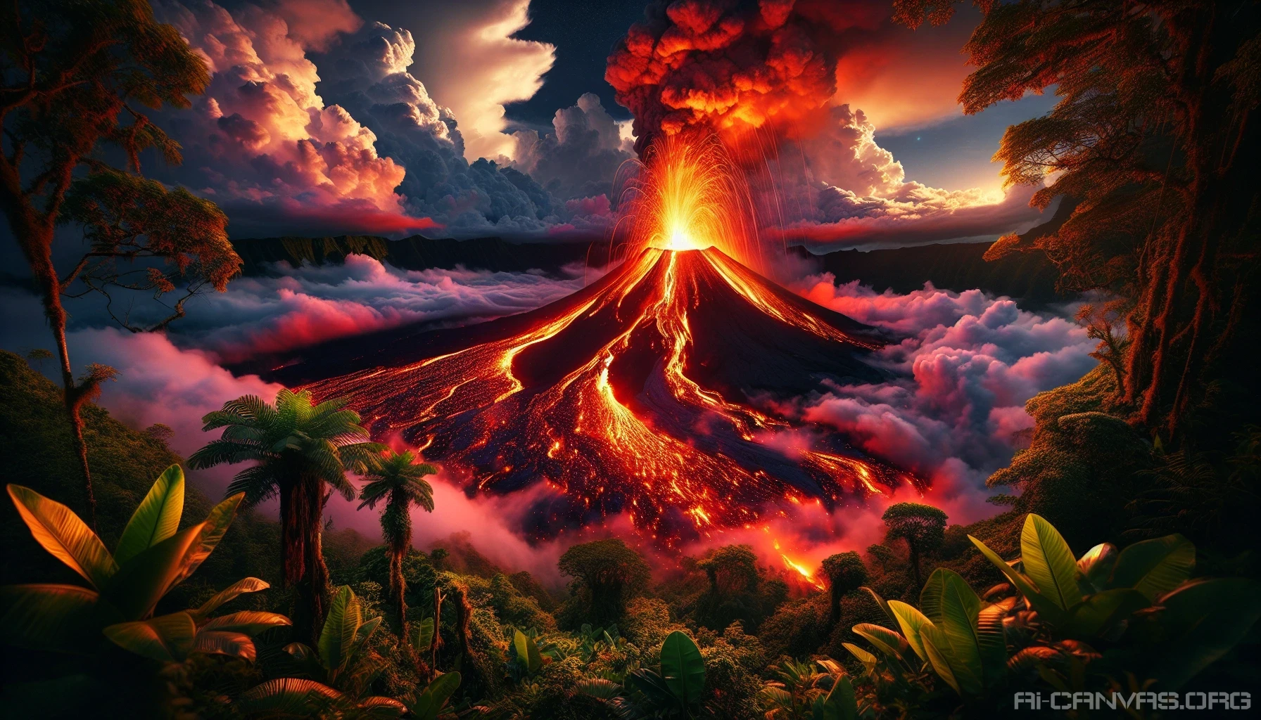 Picture a vibrant tropical landscape where an explosive volcano dominates the scene, sending rivers of glowing lava cascading down its slopes. The surrounding lush greenery contrasts dramatically with the fiery orange and red hues of the molten rock. Clouds of ash swirl in the sky, illuminated by the lava's light, while exotic flowers struggle to survive in the heat. This breathtaking scene captures the raw power of nature.