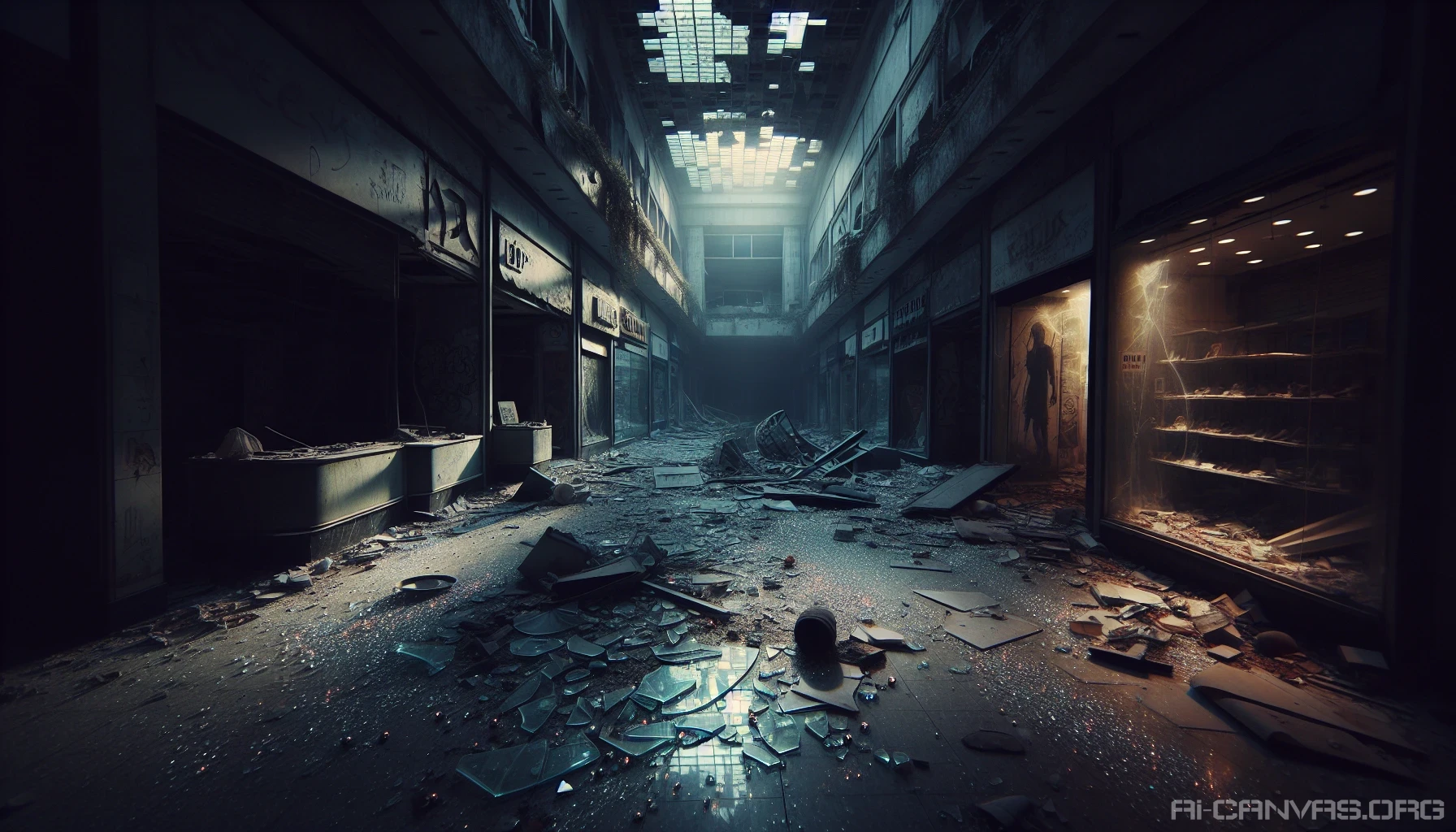 An eerie abandoned mall looms in the twilight, its once-vibrant storefronts now cloaked in dust and despair. Broken glass glistens like jagged diamonds strewn across the floor, while debris from derelict displays jumbles beneath an omnipresent silence. Faded posters cling to walls, whispering tales of a thriving past. Shadows dance around the remnants, evoking a haunting beauty in this desolate urban landscape.