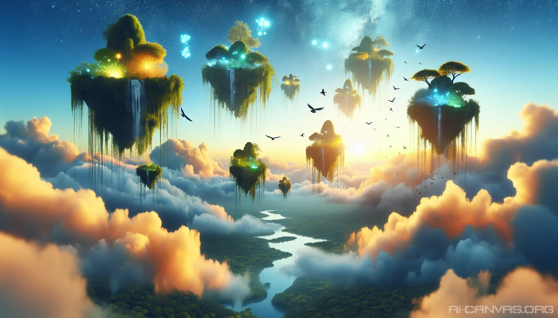 Imagine a breathtaking scene of floating islands suspended in a vibrant sky, each island adorned with cascading waterfalls and lush greenery. Soft, fluffy clouds drift lazily around the islands, while colorful birds flit between them. The sun sets in the background, casting a golden hue over the landscape, illuminating the mystical glow of bioluminescent plants that thrive on the islands, creating an enchanting and surreal atmosphere.