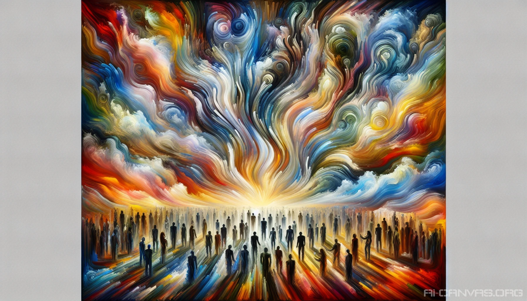 Capture a mesmerizing scene where a burst of vibrant colors emanates from figures expressing raw emotions. Each brushstroke reveals joy, sorrow, and passion as they blend seamlessly in an abstract landscape. The sky is adorned with swirling hues, reflecting the turmoil within, while the ground is a tapestry of intricate patterns symbolizing the complexity of human feelings. This artwork invites viewers to connect deeply with their own emotions.
