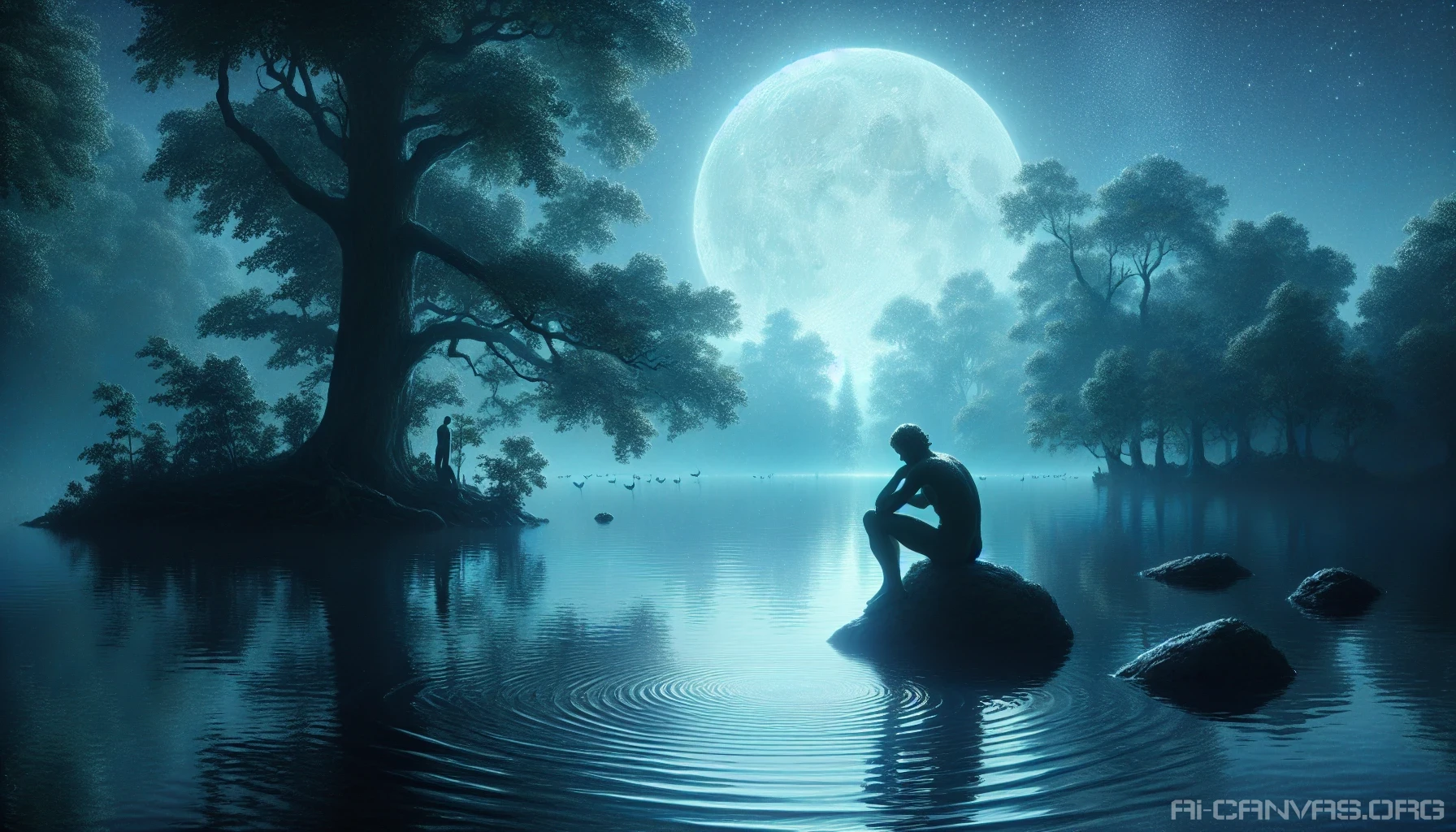Envision a tranquil scene where a soft, silver moon casts gentle light over a placid lake. A lone figure sits on a weathered stone, their silhouette framed by lush trees, lost in a moment of deep thought. Delicate ripples dance across the water, mirroring the stars above. The air is thick with serenity, inviting viewers to pause and embrace the stillness of night.