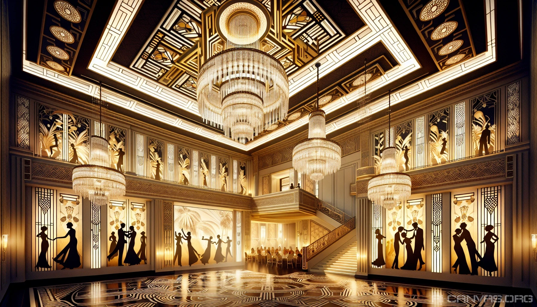 Picture a lavish ballroom adorned with intricate Art Deco patterns, shimmering gold accents, and geometric designs. Crystal chandeliers cascade from the ceiling, casting a warm glow over elegant figures dressed in vintage attire, their silhouettes dancing gracefully. The walls are adorned with bold murals depicting the vibrancy of the Roaring Twenties, while a grand staircase leads to a world of opulence and sophistication.