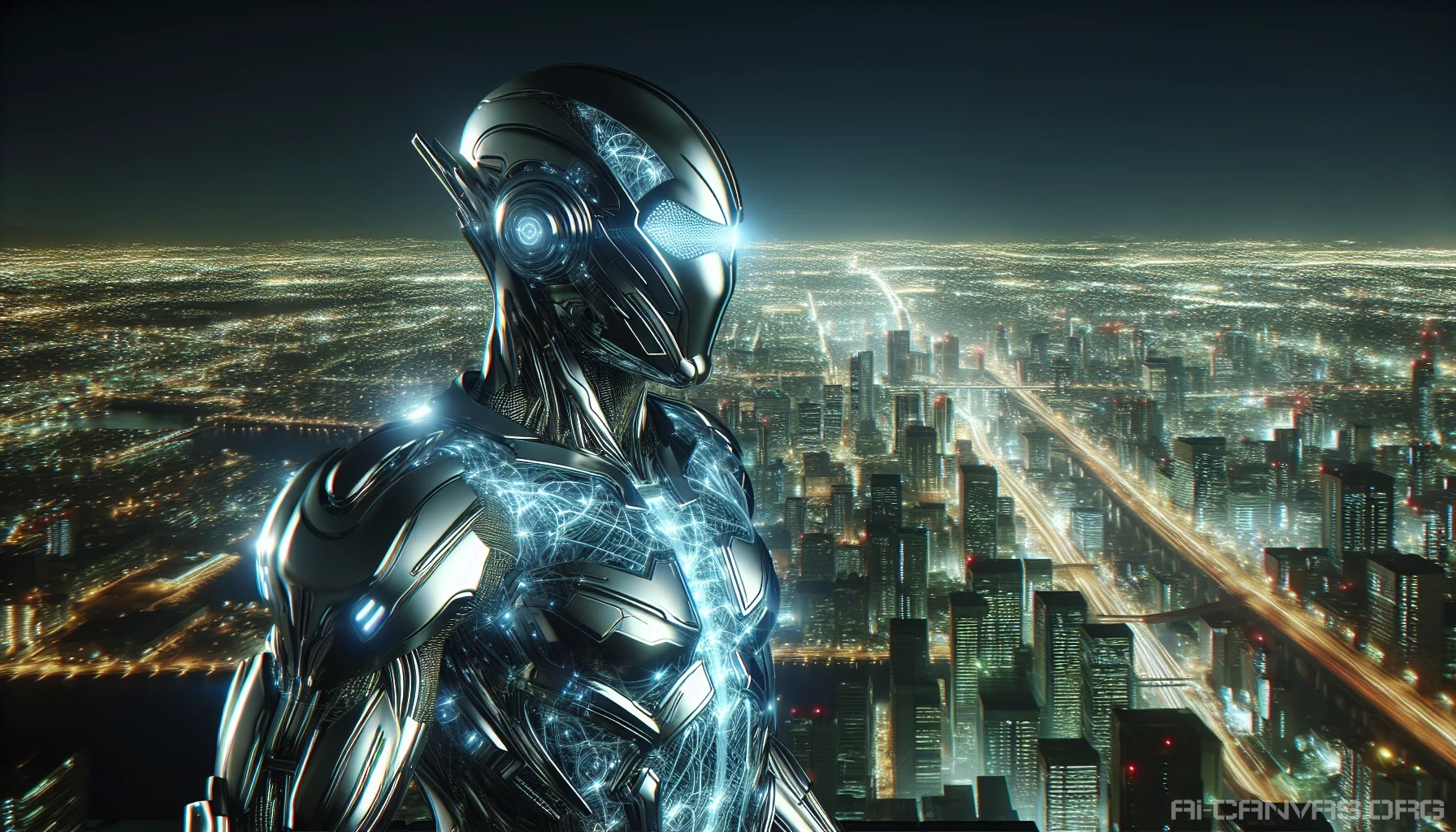 In a sprawling, neon-lit metropolis, a futuristic soldier stands poised, encased in sleek, advanced power armor that glimmers with high-tech enhancements. The armor's metallic surface reflects vibrant city lights, while intricate circuitry pulses with energy. This lone guardian surveys the skyline from a towering rooftop, ready to protect humanity from looming threats, embodying strength, resilience, and the spirit of a brighter future.