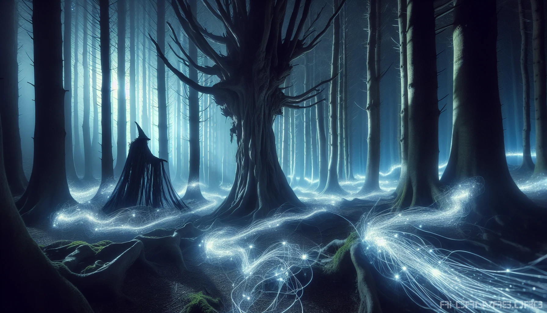 In a moonlit forest, radiant beams filter through thick, ancient trees, casting ethereal shadows on the ground. A cloaked figure stands at the center, surrounded by swirling mist that glows with a soft, otherworldly light. Wisps of energy dance around, hinting at the unseen forces at play. The air is thick with enchantment, as whispers of the supernatural echo through the tranquil night.