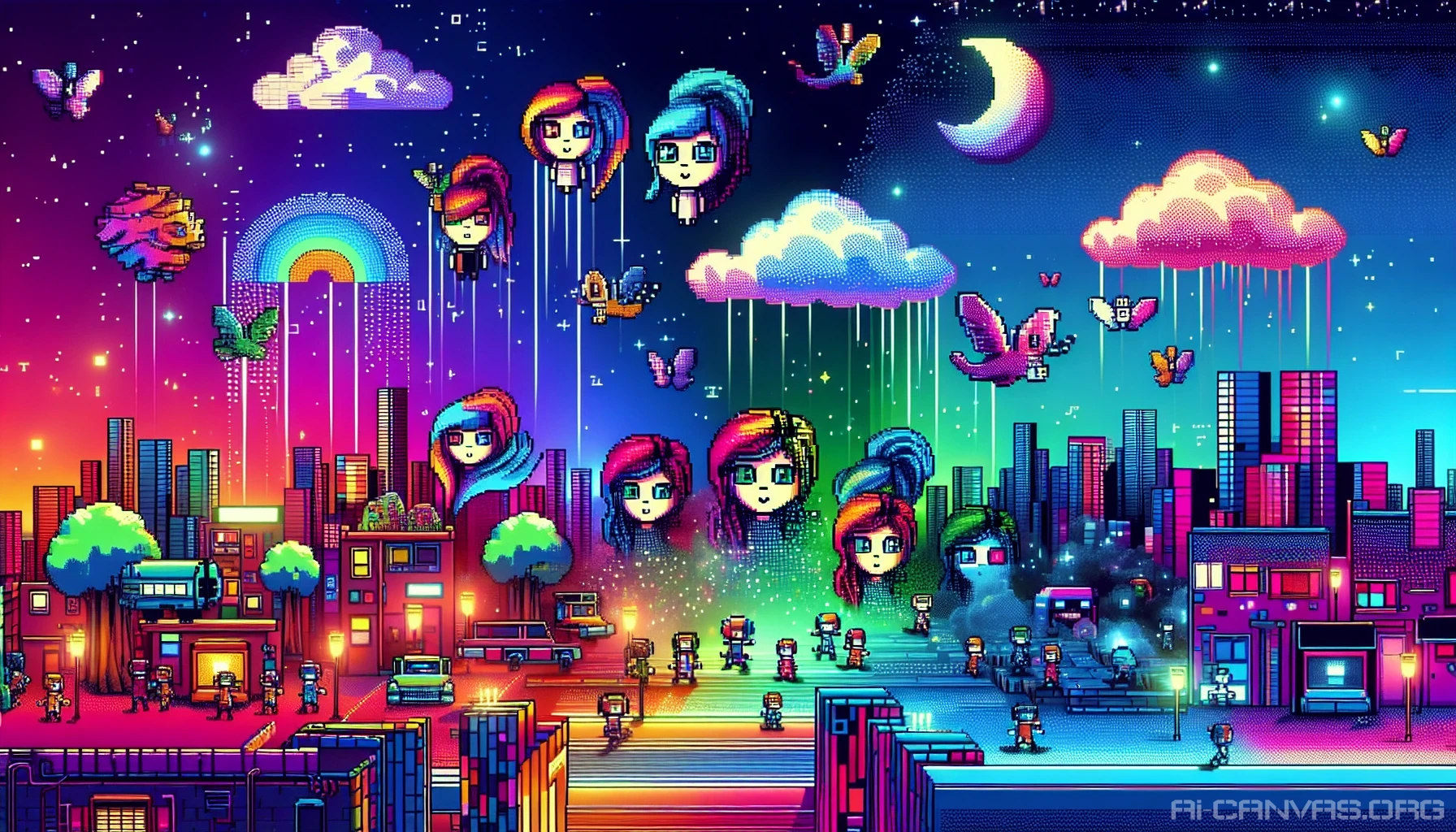 Imagine a vibrant, retro-inspired scene filled with pixel art characters, each unique in their quirky style. The setting features a fantastical cityscape with neon-lit streets, floating islands, and whimsical creatures. Clouds made of pixels drift playfully above, while characters sport colorful hairstyles and oversized eyes that radiate joy. This enchanting blend of nostalgia and creativity invites viewers to immerse themselves in a delightful world of imagination and adventure.