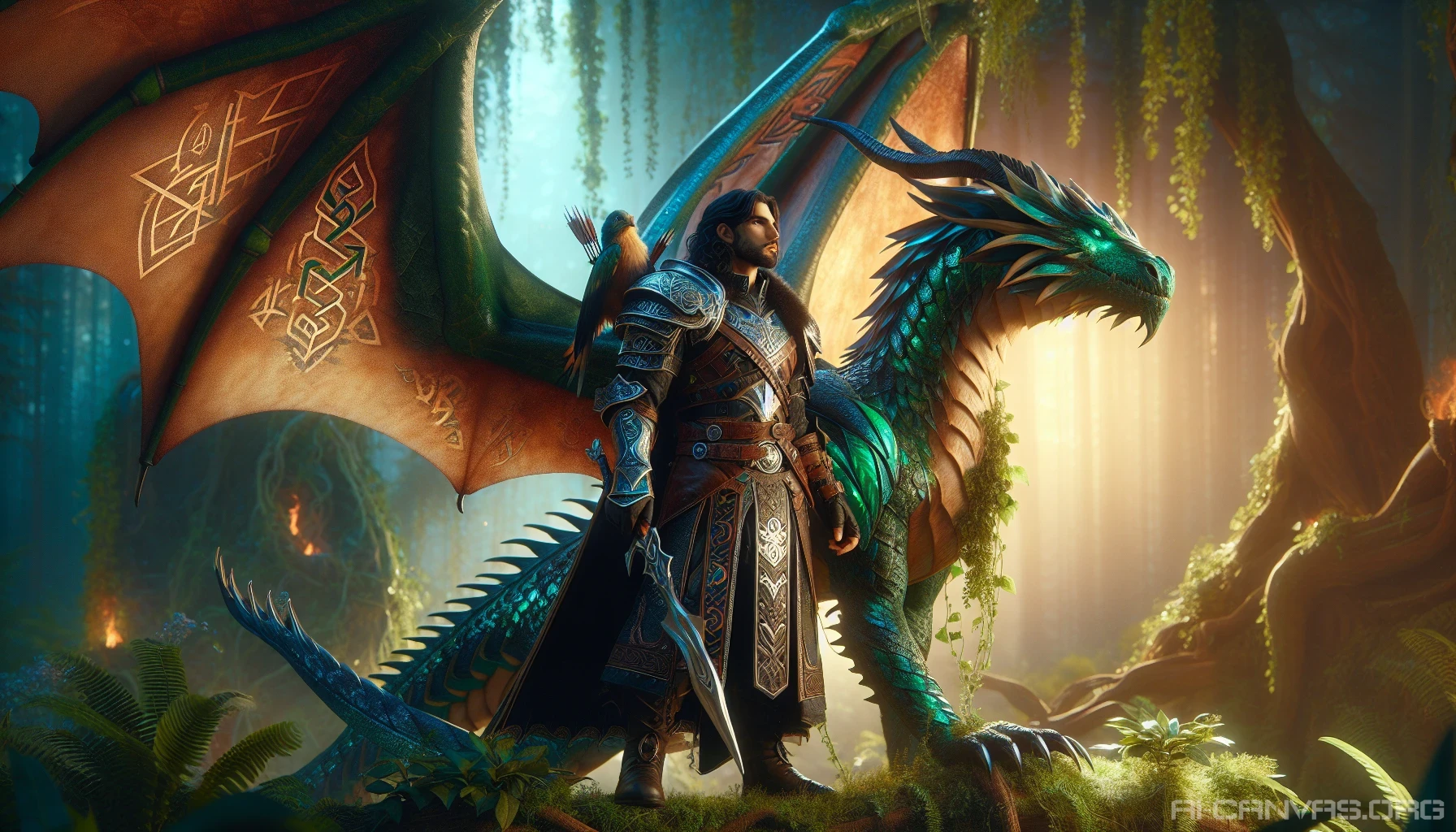 In a mystical forest, a fierce beast tamer stands tall, clad in leather armor adorned with intricate runes. Beside them, a majestic dragon with shimmering emerald scales spreads its wings, ready to take flight. The sun sets behind them, casting a warm glow on their forms. Vines and magical flora surround the duo, emphasizing their bond as they prepare for an epic adventure filled with mystique and wonder.