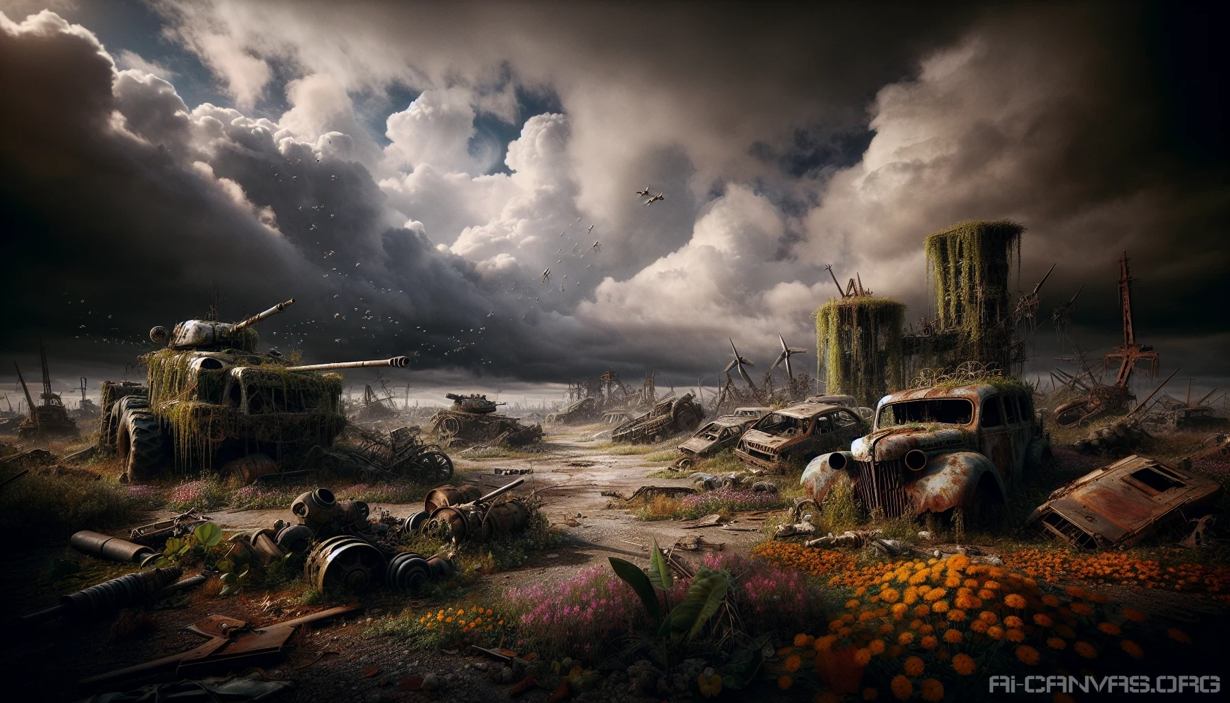 In a desolate landscape, rusting vehicles lie sprawled across an abandoned battlefield, their once-proud forms now cloaked in layers of decay and overgrowth. The sky looms heavy with dark clouds, casting an eerie light over the scene. Scattered remnants of history whisper stories of battles fought, while nature slowly reclaims its territory, intertwining vines and wildflowers with the skeletal remains of machinery, creating an unsettling yet beautiful tableau.