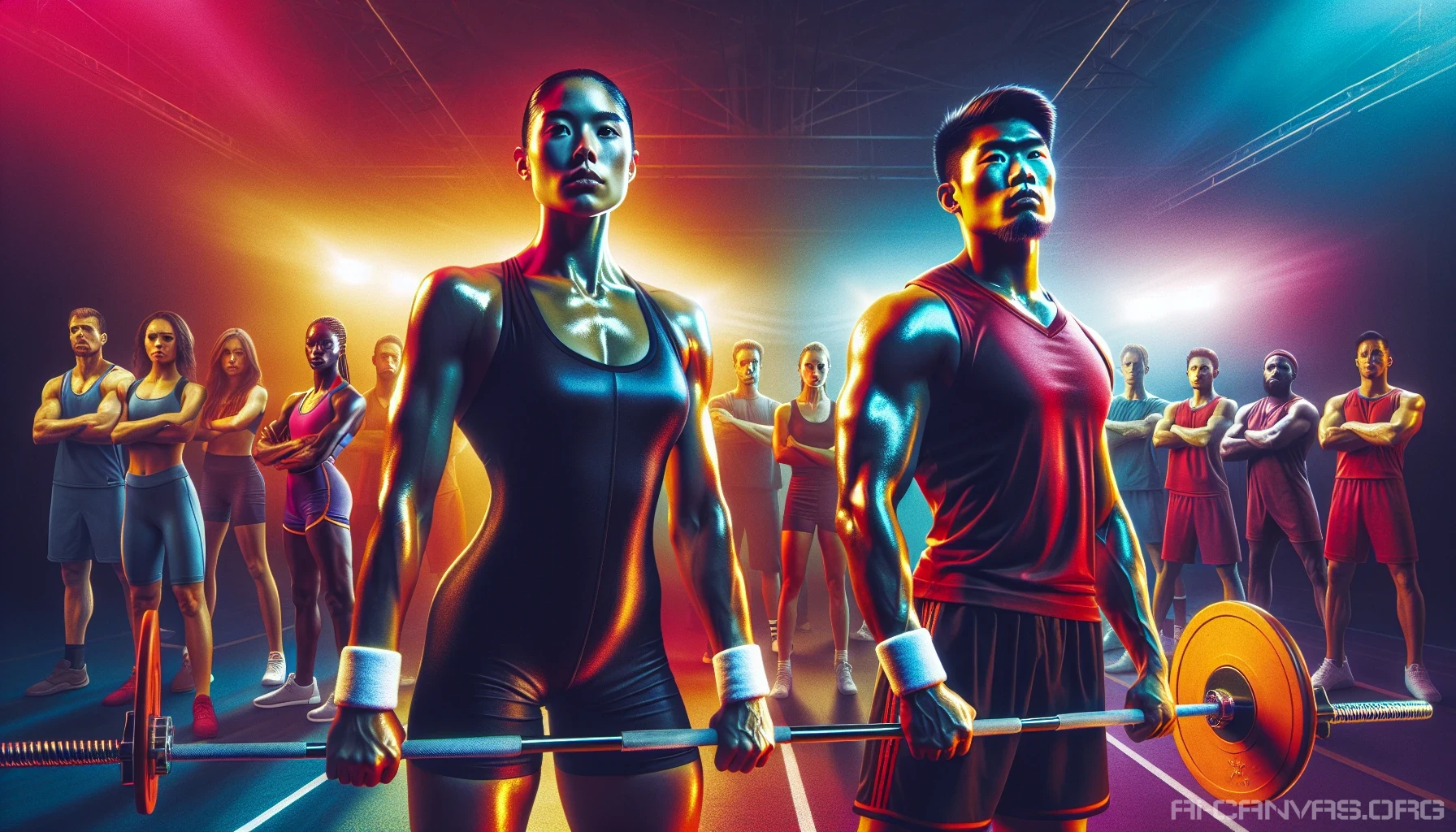 In a vibrant gym filled with energy, two fiercely competitive athletes stand poised for battle, sweat glistening on their brows. The air crackles with tension as spectators cheer them on, their expressions a mix of anticipation and excitement. Each character embodies their unique sport's essence, their dynamic poses frozen in time, showcasing determination and grit. Bold colors and dramatic lighting amplify the intensity, capturing the heart of fierce rivalries in sports.