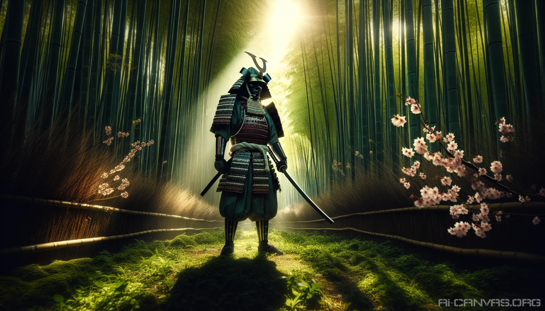 Envision a lone samurai clad in traditional armor, standing valiantly amidst a lush bamboo forest. Sunlight filters through the towering green stalks, casting dappled shadows on the ground. The samurai’s katana gleams, ready for battle, while delicate cherry blossoms float in the air, adding a touch of tranquility to the scene. The atmosphere is rich with tension and peace, embodying the timeless spirit of this warrior amidst nature's embrace.