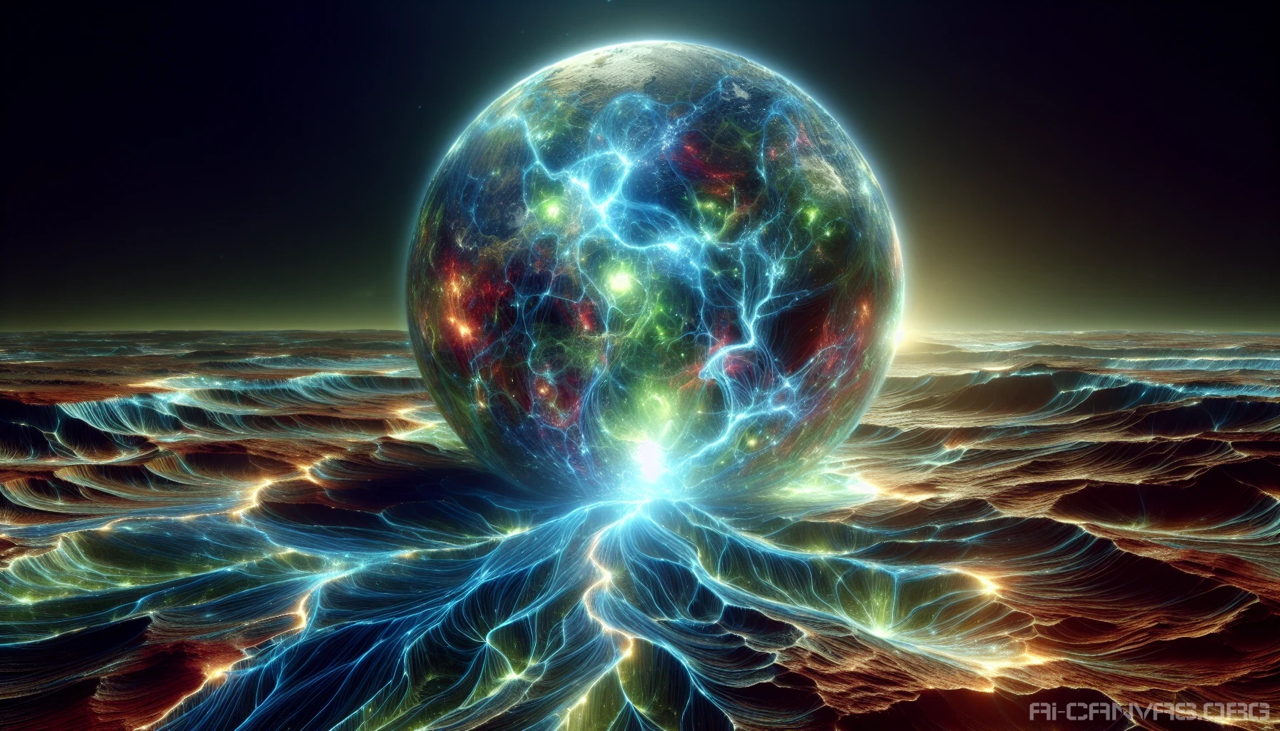 Imagine a surreal landscape where a fractured earth reveals vibrant, pulsing energy glowing beneath the surface. The cracks form intricate patterns, with luminous hues of blue and green spilling out, casting an ethereal light. Surrounding the fissures are barren terrains, contrasting the vivid energy that hints at untapped power. This captivating scene invites viewers to explore the mystery of what lies beneath, blending beauty and enigma seamlessly.