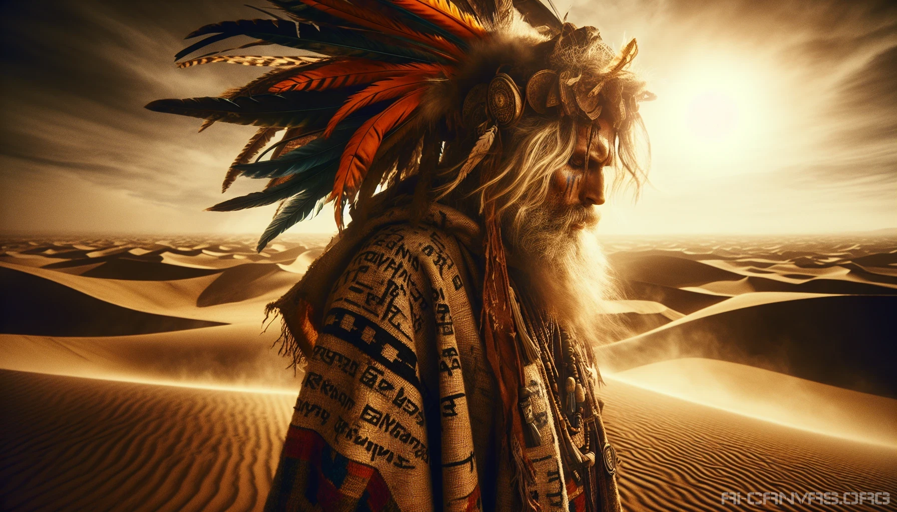 In a vast, desolate desert where remnants of civilization are swallowed by shifting sands, a mystical shaman stands as a beacon of hope. Clad in tattered robes woven with ancient symbols, his weathered face tells tales of survival. Vividly colored feathers adorn his headdress, catching the harsh sun's rays. Around him, the arid landscape teems with ethereal energy, whispering secrets of the earth to those who dare listen.