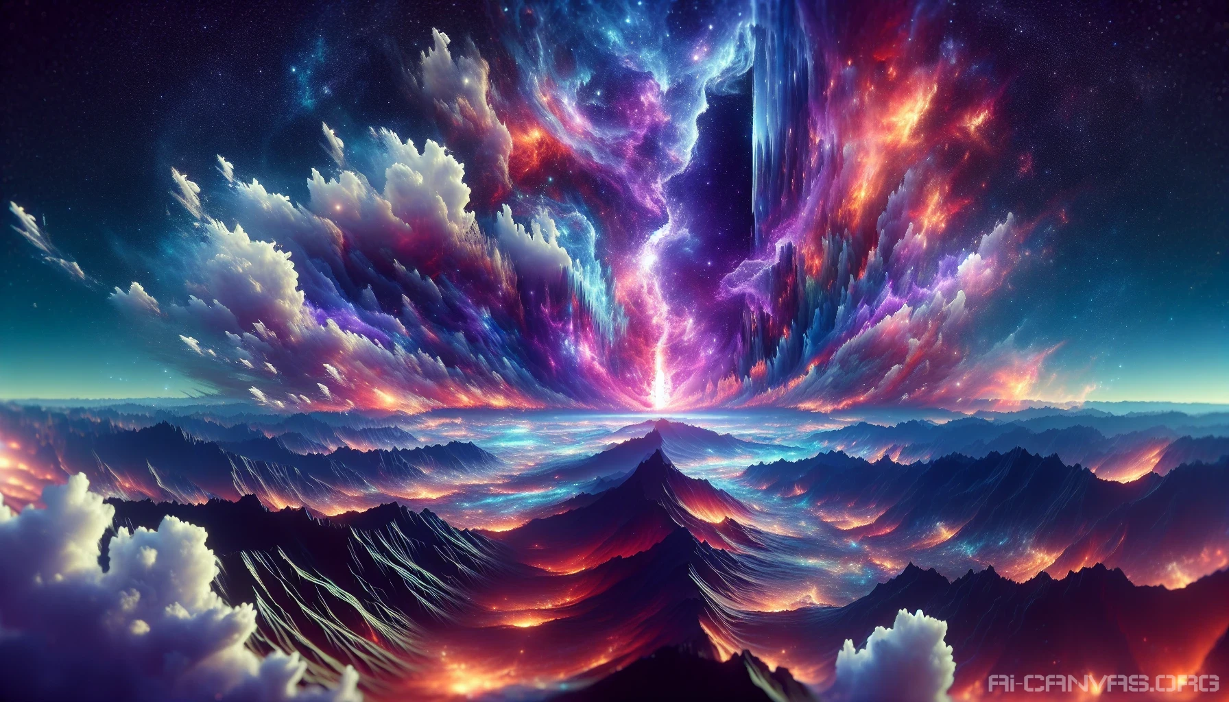 A breathtaking scene depicting a colossal dimensional rift tearing through a starry night sky, radiating vibrant hues of purples, blues, and fiery oranges. Fractured cosmic energy spills out, illuminating the terrain below with otherworldly light. Surreal clouds swirl around the edges of the rift, hinting at the unseen worlds beyond. Below, a silhouette of towering mountains adds a sense of scale and awe to this magnificent celestial phenomenon.