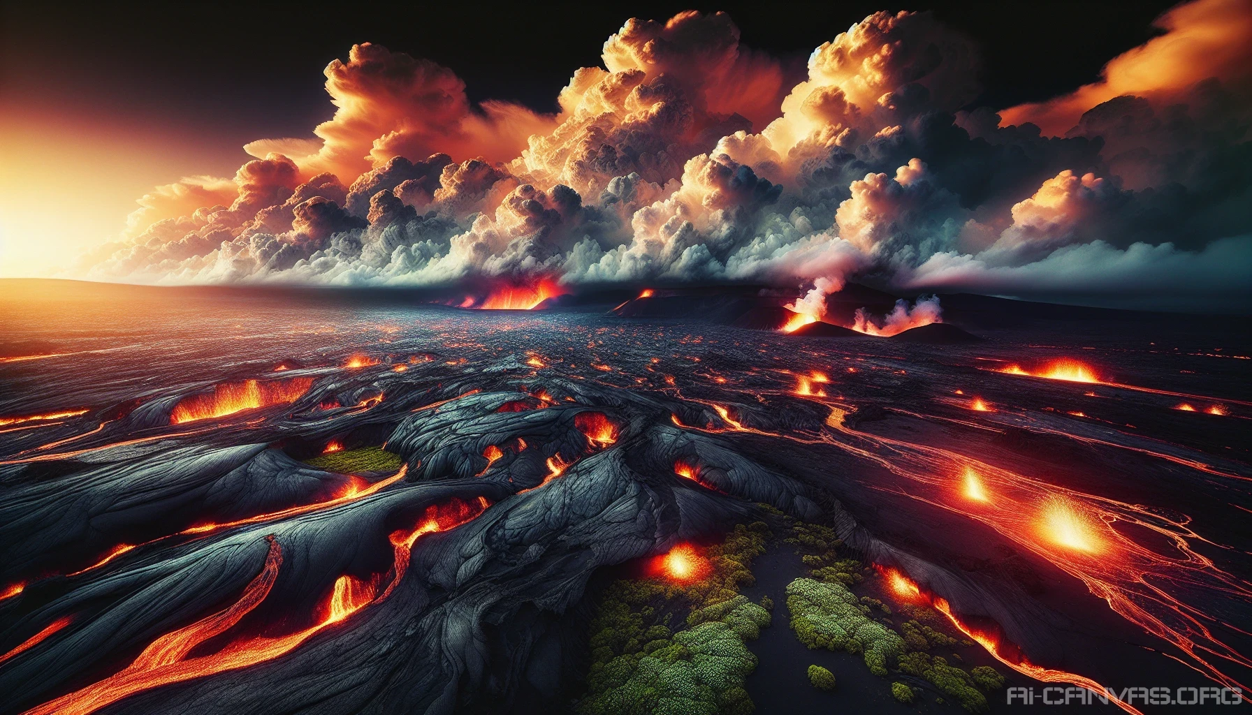 Envision a breathtaking landscape dominated by expansive volcanic plains, where dark, charred earth meets vibrant bursts of crimson and orange lava formations. Towering, billowing clouds of steam rise from the ground, while scattered patches of resilient greenery defy the harsh terrain. The sky, illuminated with a fiery glow, contrasts the stark, blackened rocks that create a surreal yet captivating atmosphere, encapsulating the raw power and beauty of nature's forces.