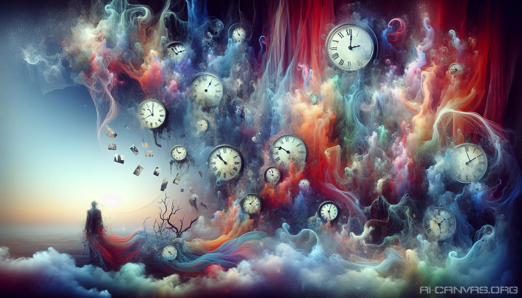 A haunting landscape where clocks melt into wisps of fabric, intertwining with ghostly silhouettes of forgotten memories. Vivid colors swirl and fade, creating a dream-like atmosphere where each tick resonates like a heartbeat. Fragments of photographs hover in the air, whispering stories of the past, while a gentle mist envelops the scene, inviting the viewer to explore the delicate dance between time and memory.