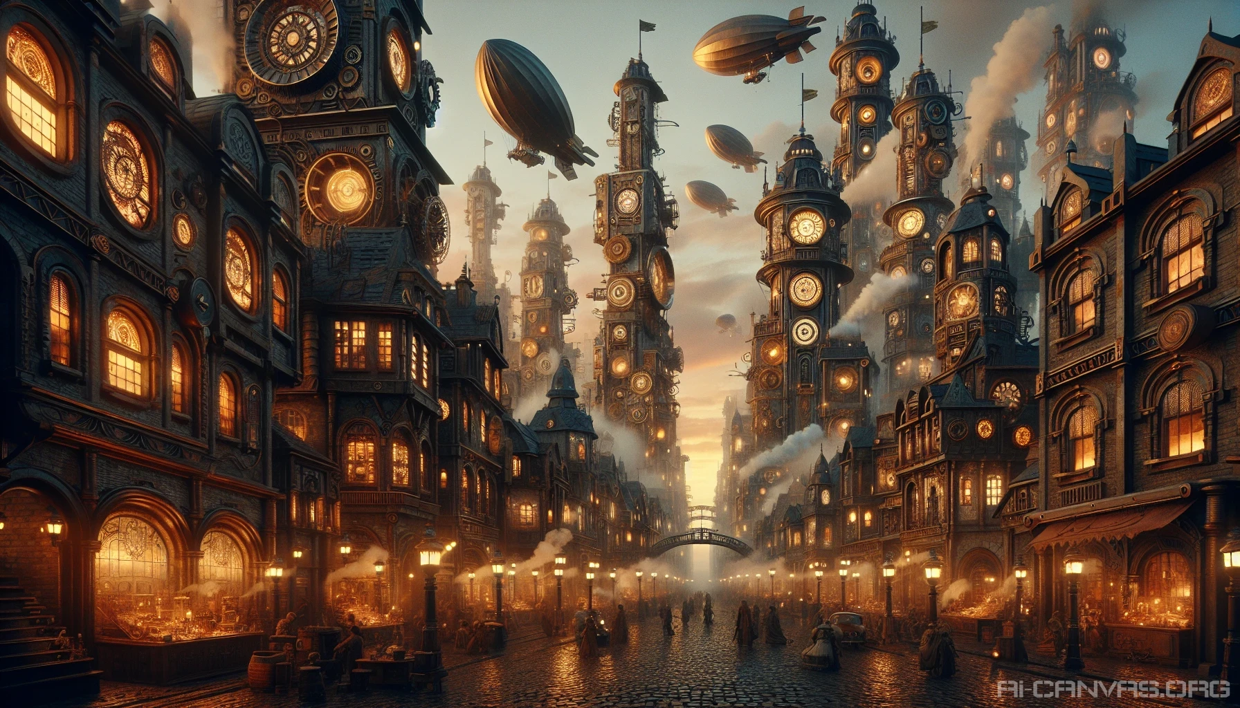 In a bustling steampunk city, towering clockwork structures rise majestically against a twilight sky, their intricate bronze gears and pipes glimmering with the glow of gas lamps. Airships drift lazily above, while steam billows from chimneys, creating a haze that softens the warm hues of the sunset. Cobblestone streets alive with curious onlookers explore fantastical inventions and vibrant markets, all under the watchful eyes of ornate mechanical sentinels.