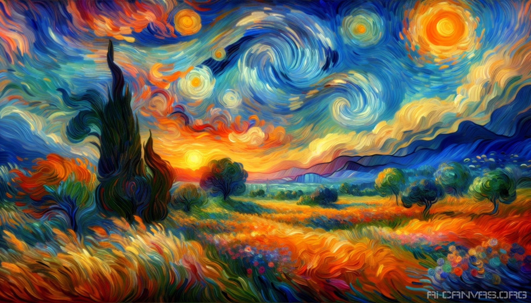 Envision a vibrant landscape infused with the essence of Post-Impressionism, where swirling skies collide with lush, exuberant fields. Bold brushstrokes create a dynamic interplay of colors—rich oranges and deep blues dance together under the soft glow of a setting sun. Abstract shapes of trees and flowers emerge, evoking emotion and imagination, while distant hills fade into a dreamy haze, inviting the viewer to step into this enchanting world.