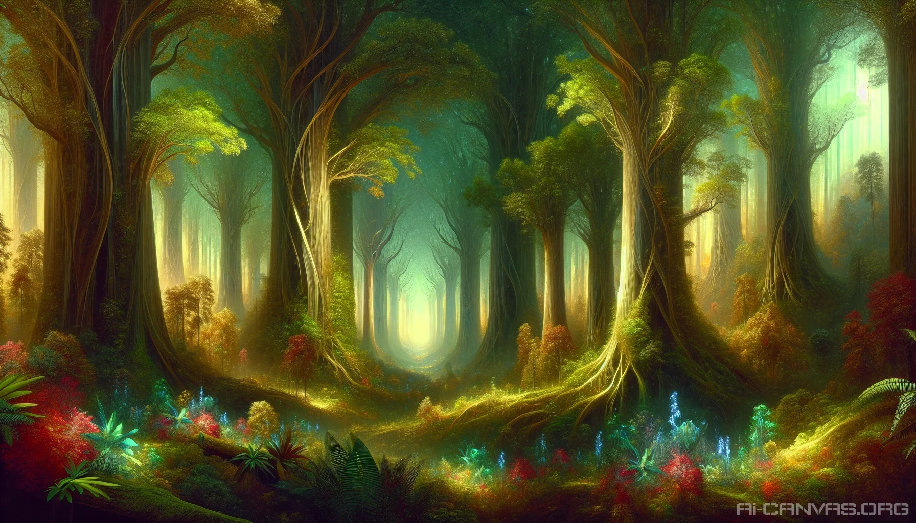 Create a mesmerizing scene in a towering enchanted forest, where ancient trees stretch high into the sky, their leaves shimmering with magical hues of emerald and gold. Ethereal light filters through the dense canopy, illuminating vibrant flora and fantastical creatures that add life to the landscape. A gentle mist lingers at the forest floor, inviting viewers into this whimsical sanctuary where nature and enchantment intertwine seamlessly.