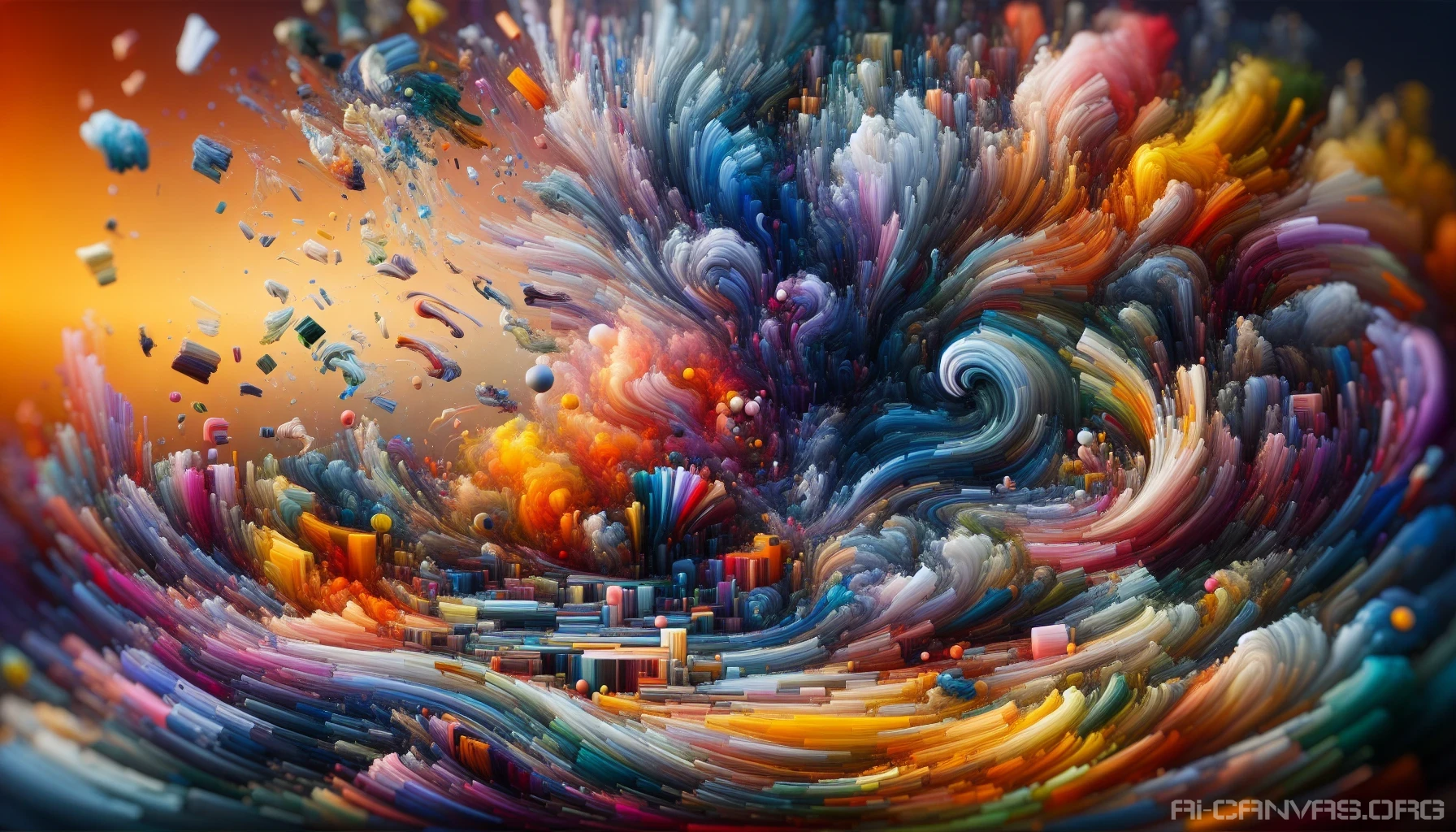 Imagine a world where colors and shapes dance in vibrant chaos, merging without intent. The canvas bursts with swirling brush strokes and unexpected textures, creating an engaging visual rhythm. Bold hues collide with softer tones, forming a dreamlike landscape that challenges perception. Fragments of familiar objects float in this abstraction, evoking curiosity while leaving the viewer enchanted by the sheer beauty of the non-meaningful composition.