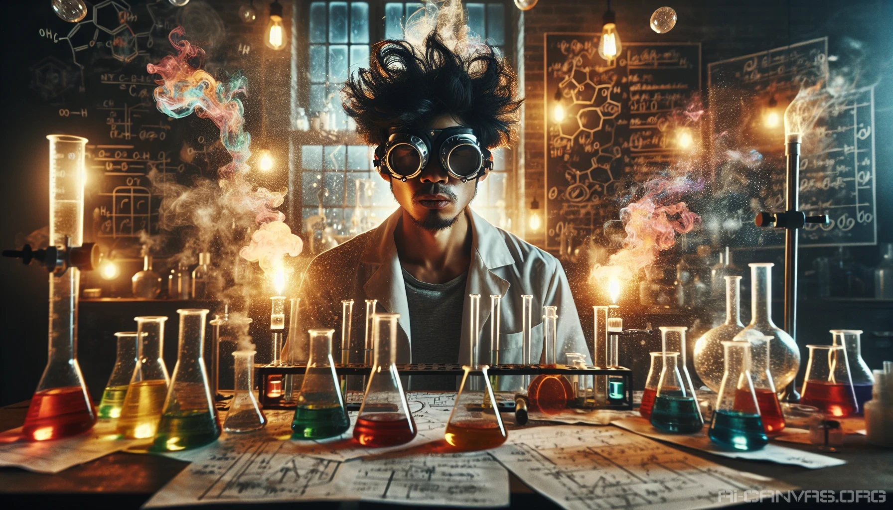 A wild-haired genius stands amidst a whirlwind of bubbling beakers and swirling formulas, his oversized goggles perched precariously on his forehead. Papers are strewn about, revealing intricate blueprints and sketches of fantastical inventions. The warm glow of flickering lights contrasts with bursts of colorful liquids, creating an atmosphere of chaotic brilliance, where imagination meets scientific curiosity in a sprawling laboratory filled with eccentric contraptions.