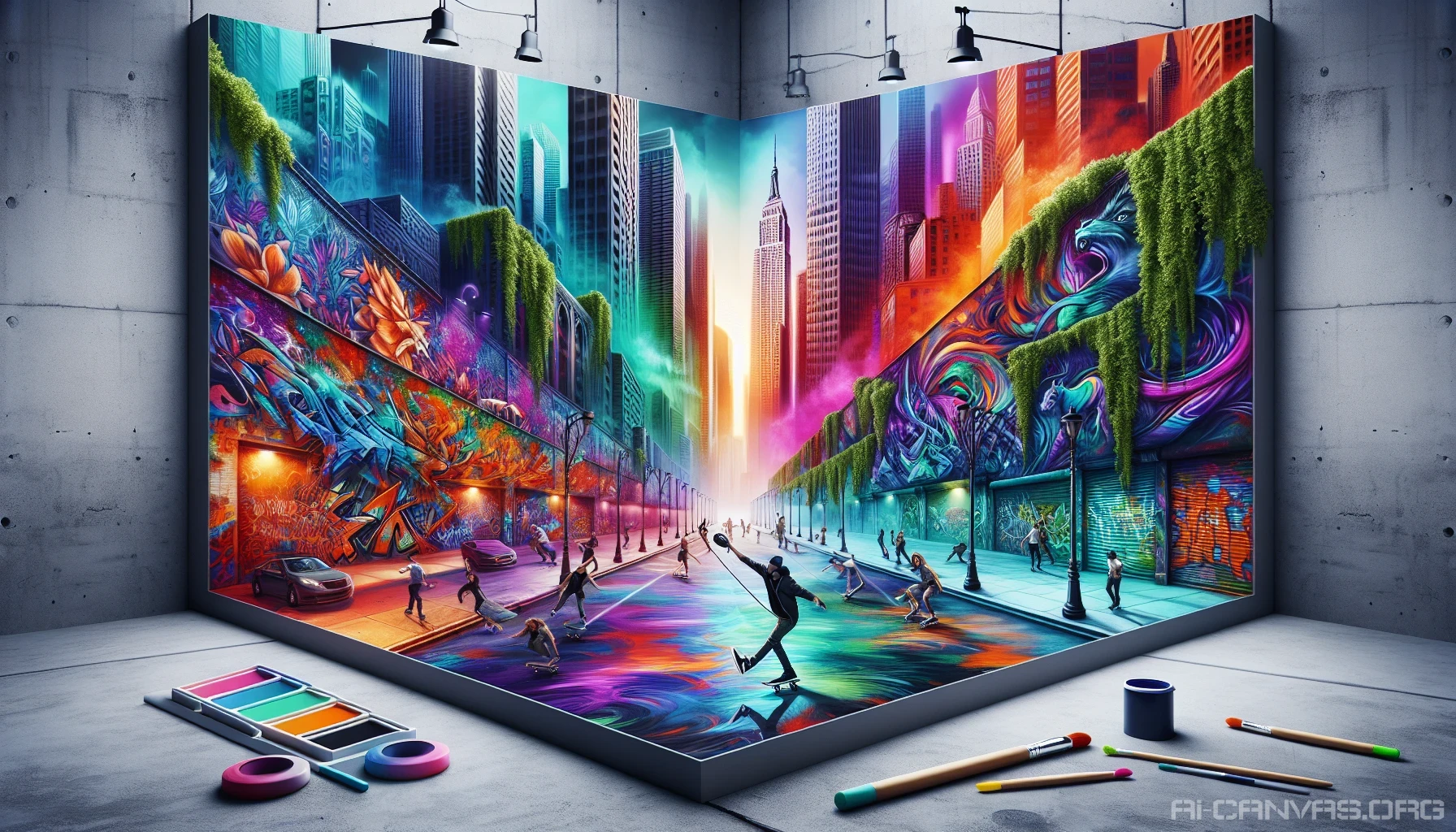 Imagine a dynamic cityscape where walls burst with color and creativity, each corner alive with bold graffiti and intricate murals. Bright hues of orange, teal, and purple flow together in a mesmerizing display of artistry. Skaters glide past, while local musicians jam nearby, the sounds blending into an energetic atmosphere. Lush green vines intertwine with urban decay, showcasing the beauty of artistic rebellion against a concrete backdrop.