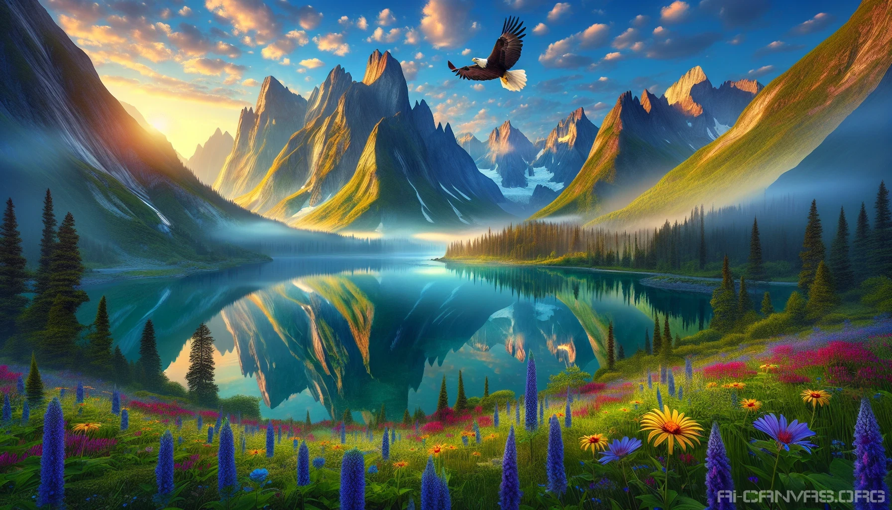 Imagine a breathtaking landscape where majestic mountains rise dramatically against a cerulean sky, their peaks shimmering in the golden light of dawn. A crystal-clear lake mirrors the vibrant colors of wildflowers that blanket the foreground, creating a tapestry of greens, yellows, and purples. Wisps of mist lazily drift over the water, and a lone eagle soars high above, embodying the serenity and grandeur of nature's beauty.