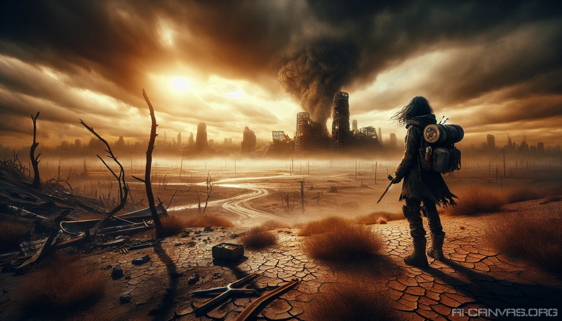 In a desolate, post-apocalyptic landscape where cracked earth meets shimmering radioactive skies, a lone survivor stands clutching a makeshift weapon. The remnants of a collapsed city loom in the background, overrun by twisted metal and creeping vines. Torn clothing flutters in the dry wind, while a rugged backpack is slung over one shoulder, packed with essential supplies. The atmosphere is thick with tension, evoking the relentless struggle for survival in a hauntingly beautiful world.