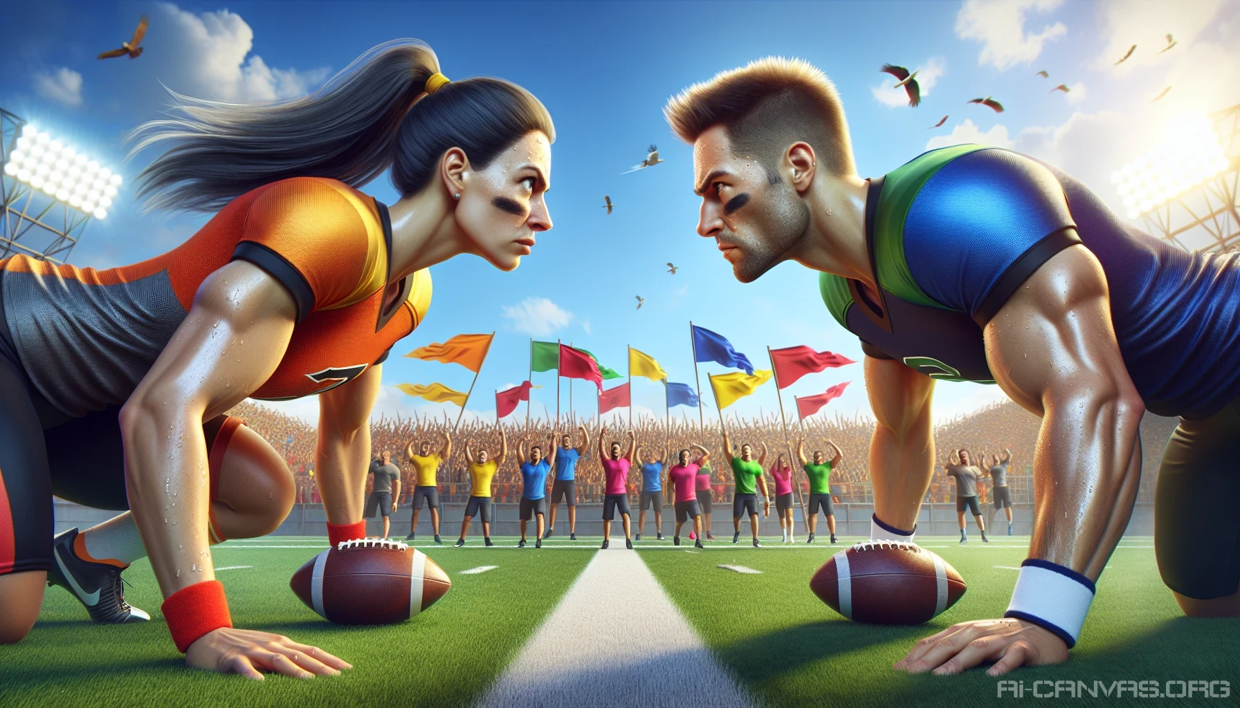 A dynamic sports anime scene showcasing two fierce rivals, athletes clad in vibrant team uniforms, locked in an intense gaze on a sunlit soccer field. The grass is freshly cut, and a cheering crowd surrounds them, waving colorful flags. Sweat beads on their brows as they prepare for the ultimate showdown, embodying determination and passion. In the background, the energy of teamwork and competition pulses, setting the stage for a dramatic clash.