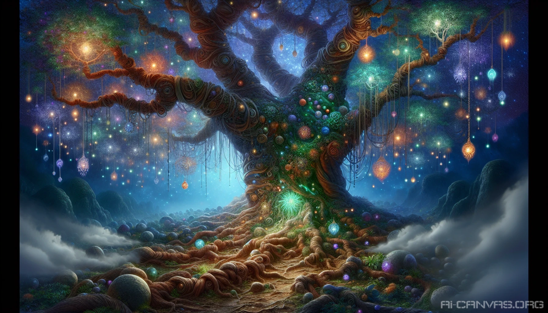 Immerse yourself in a mystical landscape where an ancient, gnarled tree stands at the center, its roots sprawling like fingers across the earth. The branches, adorned with luminous, glowing leaves, reach towards a star-studded sky, casting ethereal shadows. Wisps of mist swirl around the tree, whispering secrets of wisdom. Vines laden with colorful, enchanted fruits dangle invitingly, beckoning explorers to uncover the knowledge hidden within.