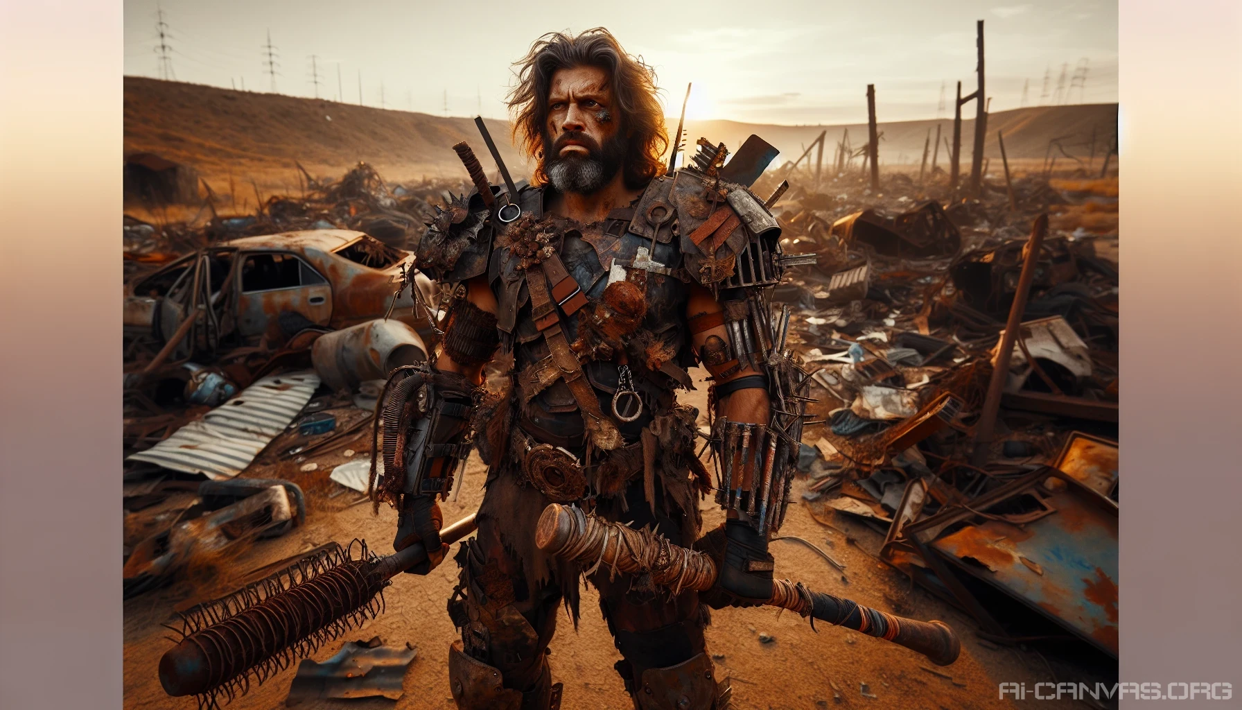 In a desolate landscape littered with remnants of a fallen civilization, a fierce warrior stands tall, clad in makeshift armor crafted from scavenged materials. With wild, unkempt hair and piercing eyes, they wield an array of improvised weapons—rusty pipes, jagged metal shards, and a spiked bat—ready to confront any threat. The sun sets in the background, casting an orange glow over the barren terrain, emphasizing the grit and determination of survival.