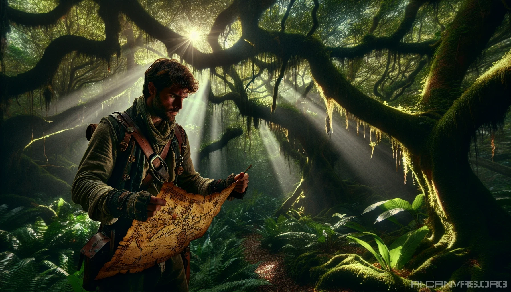 A daring adventurer stands at the heart of an enchanted forest, clutching a mysterious, weathered treasure map. The sunlight filters through the dense canopy above, casting dappled shadows on the forest floor. Surrounding him are ancient, knotted trees and vibrant, exotic flora. In the distance, hidden treasure glimmers, enticing him deeper into the magical realm, where adventure awaits at every turn.