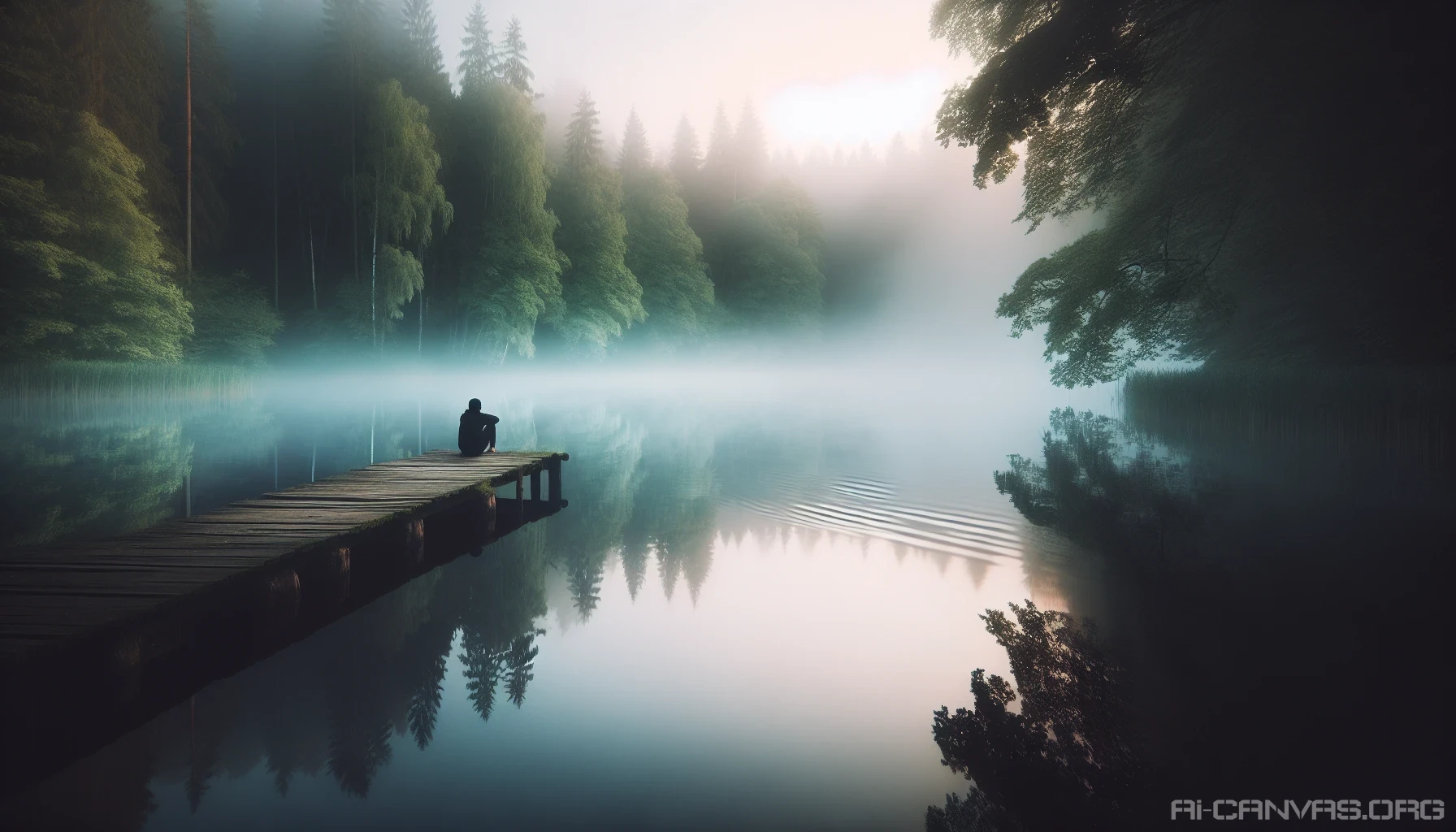 A tranquil, misty lake mirrors a solitary figure seated on a weathered wooden dock, surrounded by lush, verdant trees embracing the water's edge. The soft glow of dawn breaks through the fog, casting a warm hue on the scene, while delicate ripples dance across the lake's surface. The atmosphere is thick with introspection, inviting viewers to explore the depths of solitude and personal reflection.