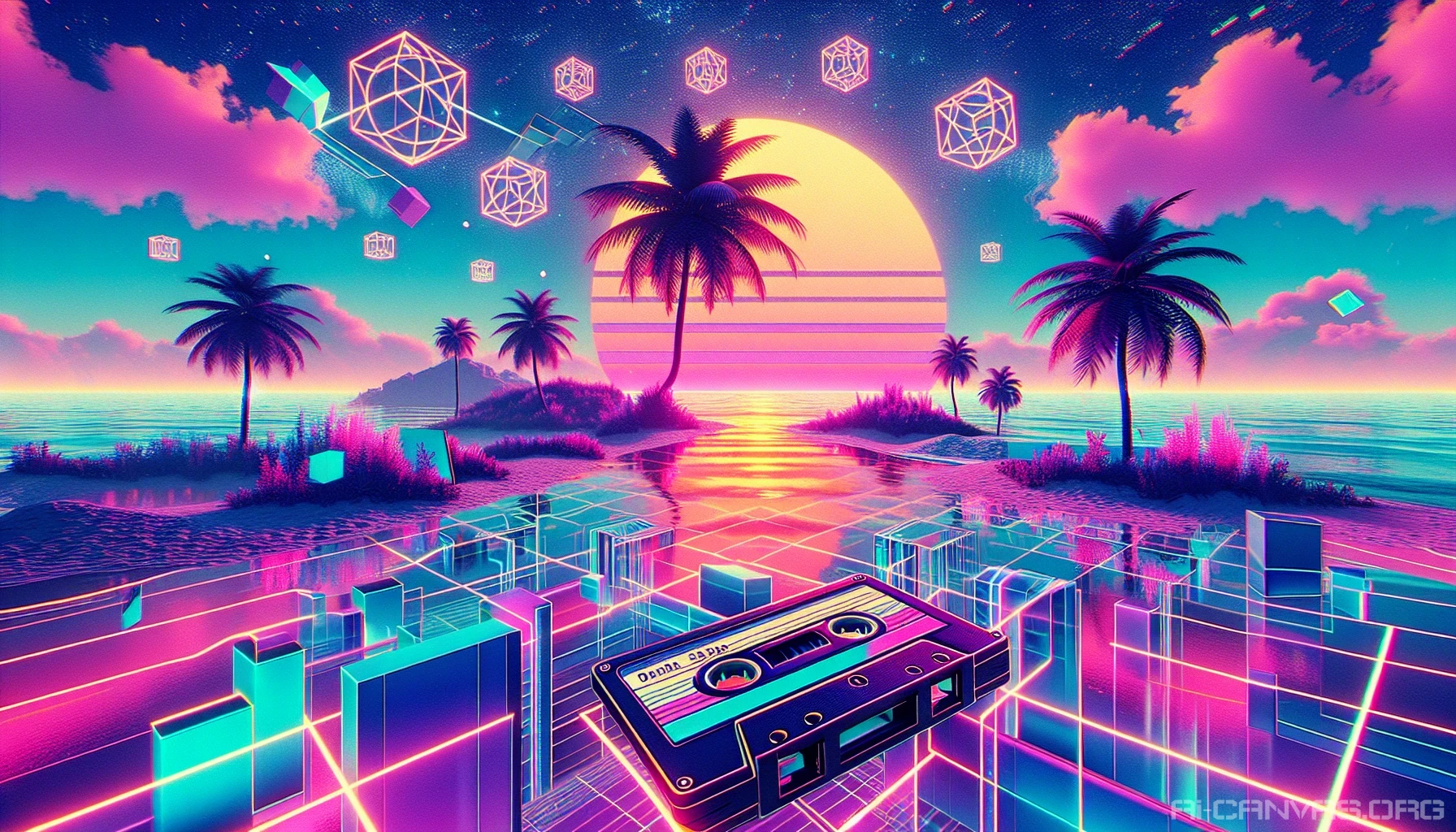 Immerse yourself in a vibrant vaporwave landscape where neon colors collide with retro aesthetics. Picture a serene beach at sunset, adorned with palm trees and glitch art. Soft pastel hues reflect off surreal geometric shapes, while vintage cassette tapes float in the air, wrapped in a haze of pixelated clouds. Experience a nostalgic yet futuristic vibe, inviting viewers to lose themselves in this ethereal glowing world.