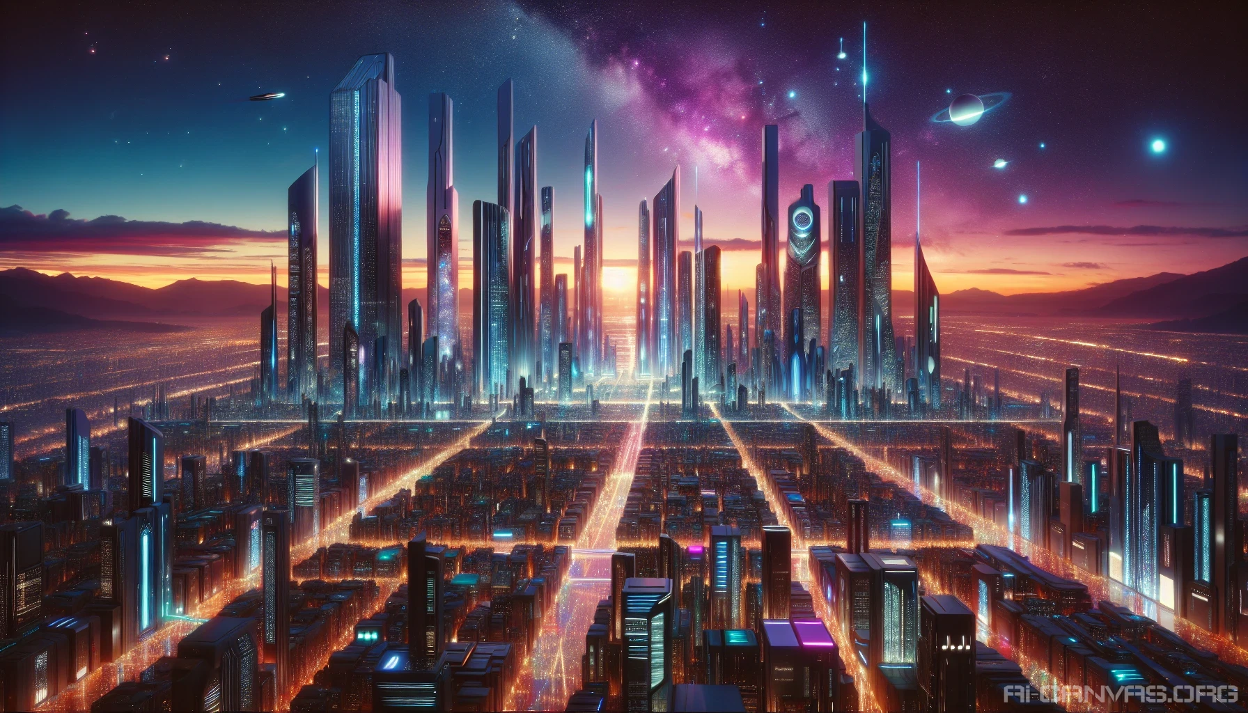 A breathtaking view of a sprawling futuristic city, where sleek skyscrapers glisten under a vibrant twilight sky. Neon lights pulse in rhythmic patterns, illuminating the bustling streets below filled with hover vehicles and pedestrians in stylish attire. The architecture blends organic curves with sharp angles, creating a mesmerizing silhouette against the backdrop of stars. Lush greenery integrates seamlessly into the urban design, promising a harmonious coexistence with nature.