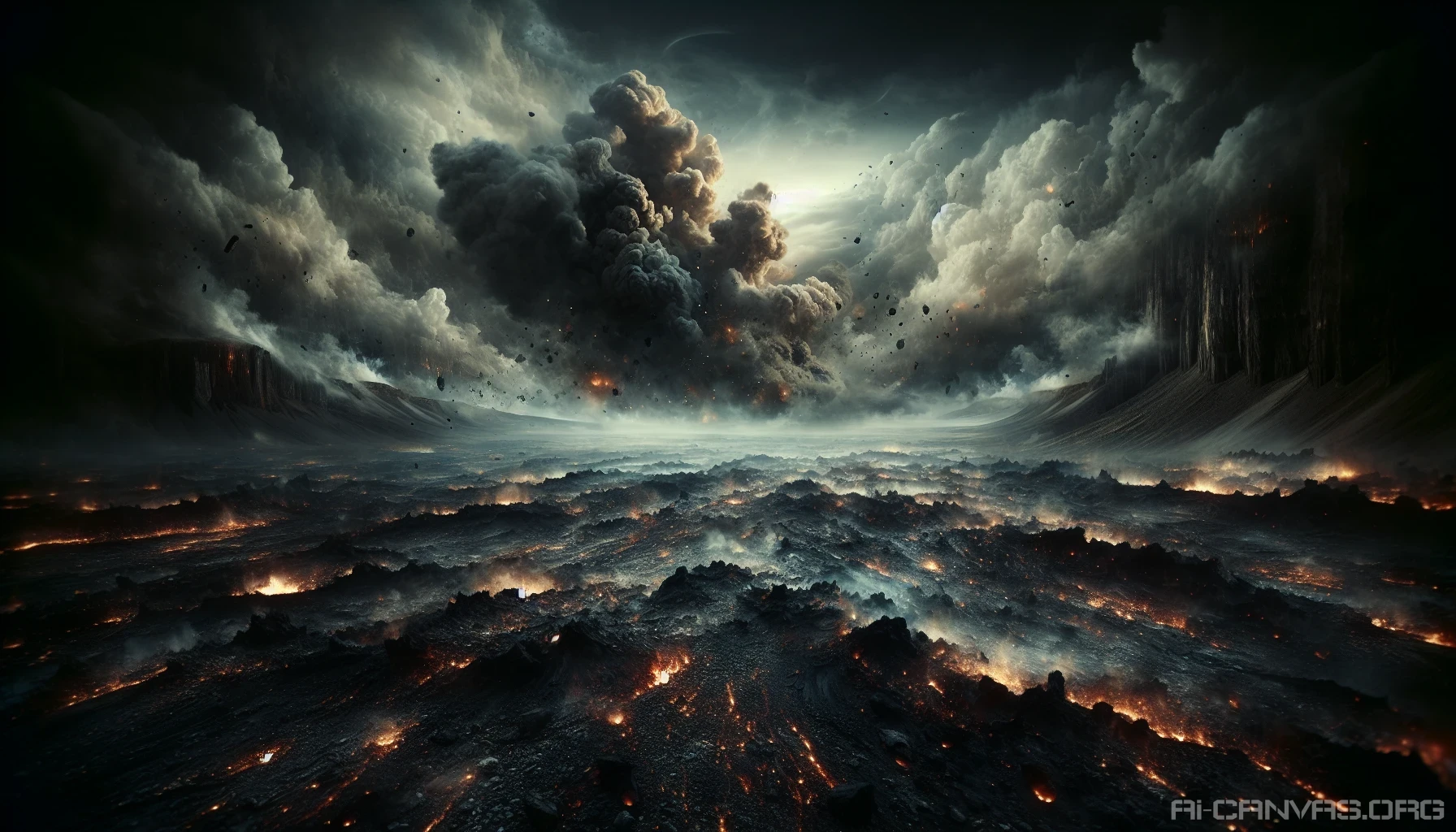 Visualize a haunting landscape where charred earth stretches across the horizon, fragments of debris from a recent explosion lay scattered like forgotten memories. The air shimmers with heat, while dark smoke curls upward against a backdrop of ominous, swirling clouds. Pockmarked ground reveals glimmers of molten remnants, and an eerie silence envelops the scene, inviting viewers to contemplate the fragile nature of existence amidst chaos.