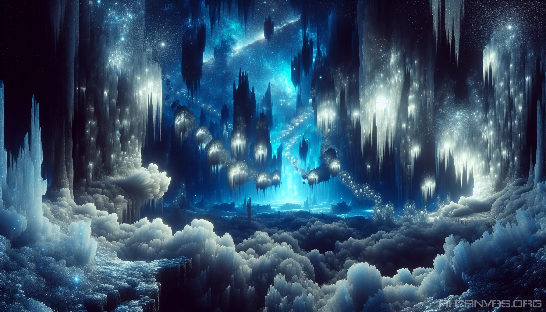 Imagine a breathtaking scene within the Stellar Ice Caverns, where luminous ice formations glisten like stars against the deep azure backdrop. Ethereal light dances on frosted walls, illuminating intricate crystalline structures that resemble alien flora. Wisps of cosmic mist swirl around, while distant echoes of cascading ice create an enchanting melody. This otherworldly realm invites exploration into its frozen depths, revealing the secrets of the universe.