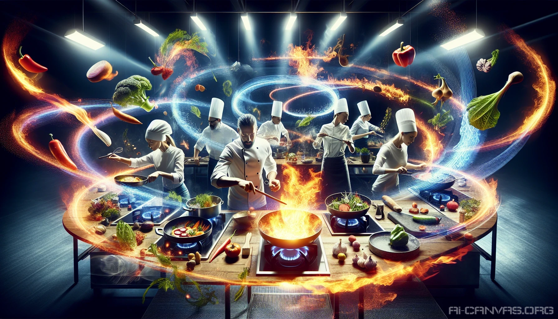 Picture a bustling kitchen filled with chefs racing against the clock in a high-stakes food competition. Flames leap from stovetops, while vibrant ingredients are chopped and sautéed in a frenzy. The air is thick with the tantalizing aromas of spices and savory dishes. Bright lights illuminate determined faces, each focused on creating the perfect plate to impress the judges, amidst an exhilarating atmosphere of tension and excitement.
