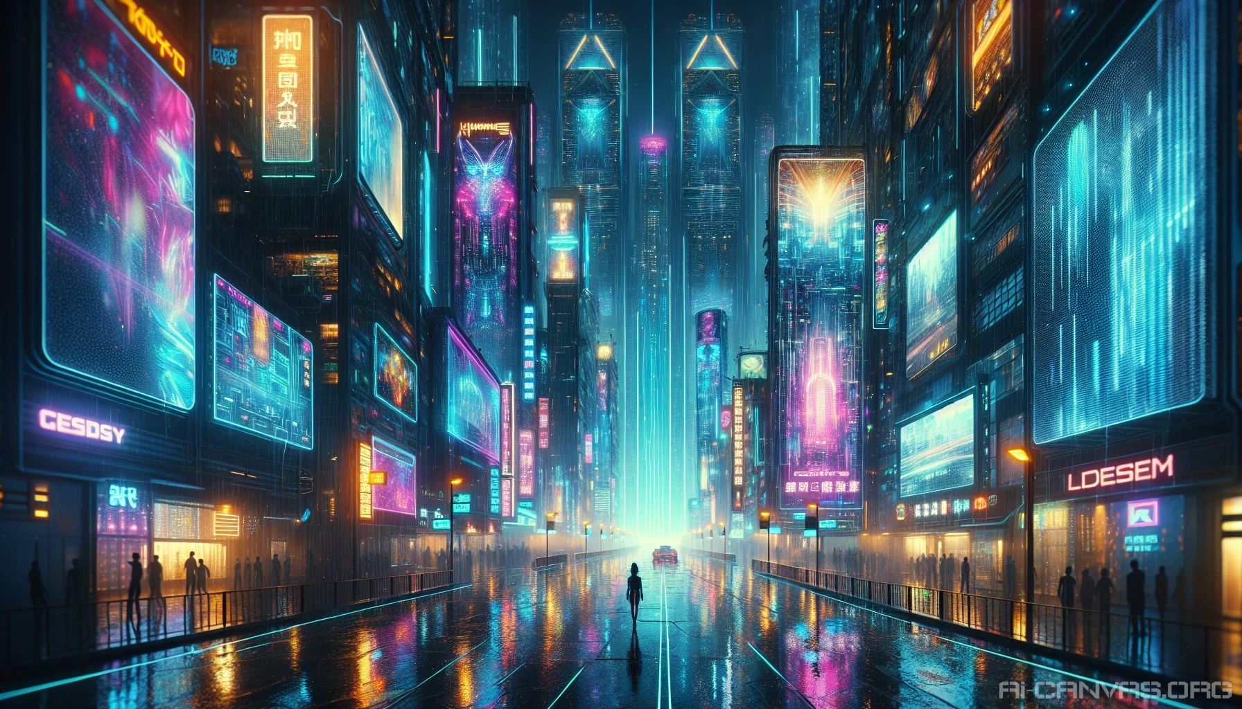 Dive into a breathtaking cyberpunk metropolis at midnight, where the streets shimmer with rainwater reflecting a kaleidoscope of neon lights. Towering skyscrapers loom overhead, adorned with vibrant holographic billboards and pulsating LED signs that electrify the atmosphere. The air is thick with the scent of wet asphalt and the distant hum of technology, while the occasional figure in a futuristic attire navigates through this dazzling, rain-soaked urban landscape.